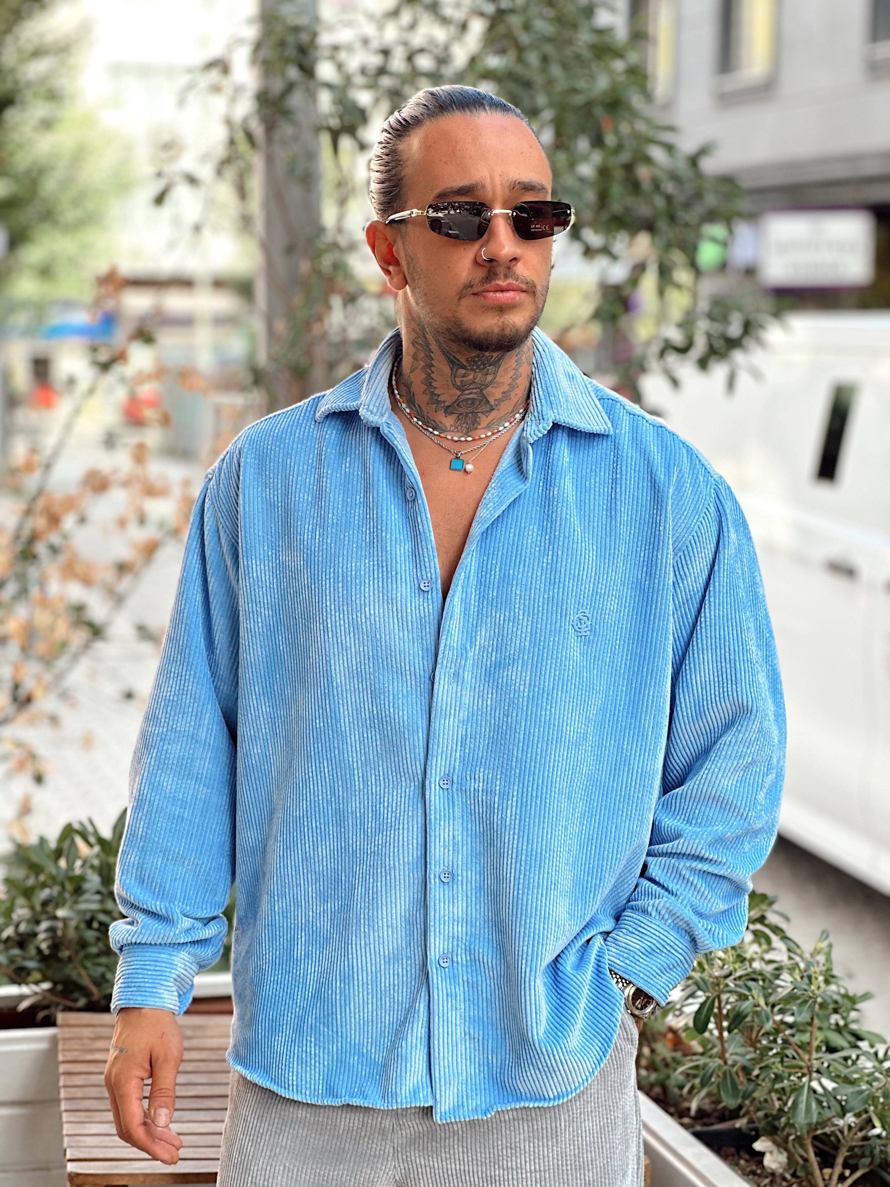 MG4003 - Oversize Basic Kadife Gömlek mavi