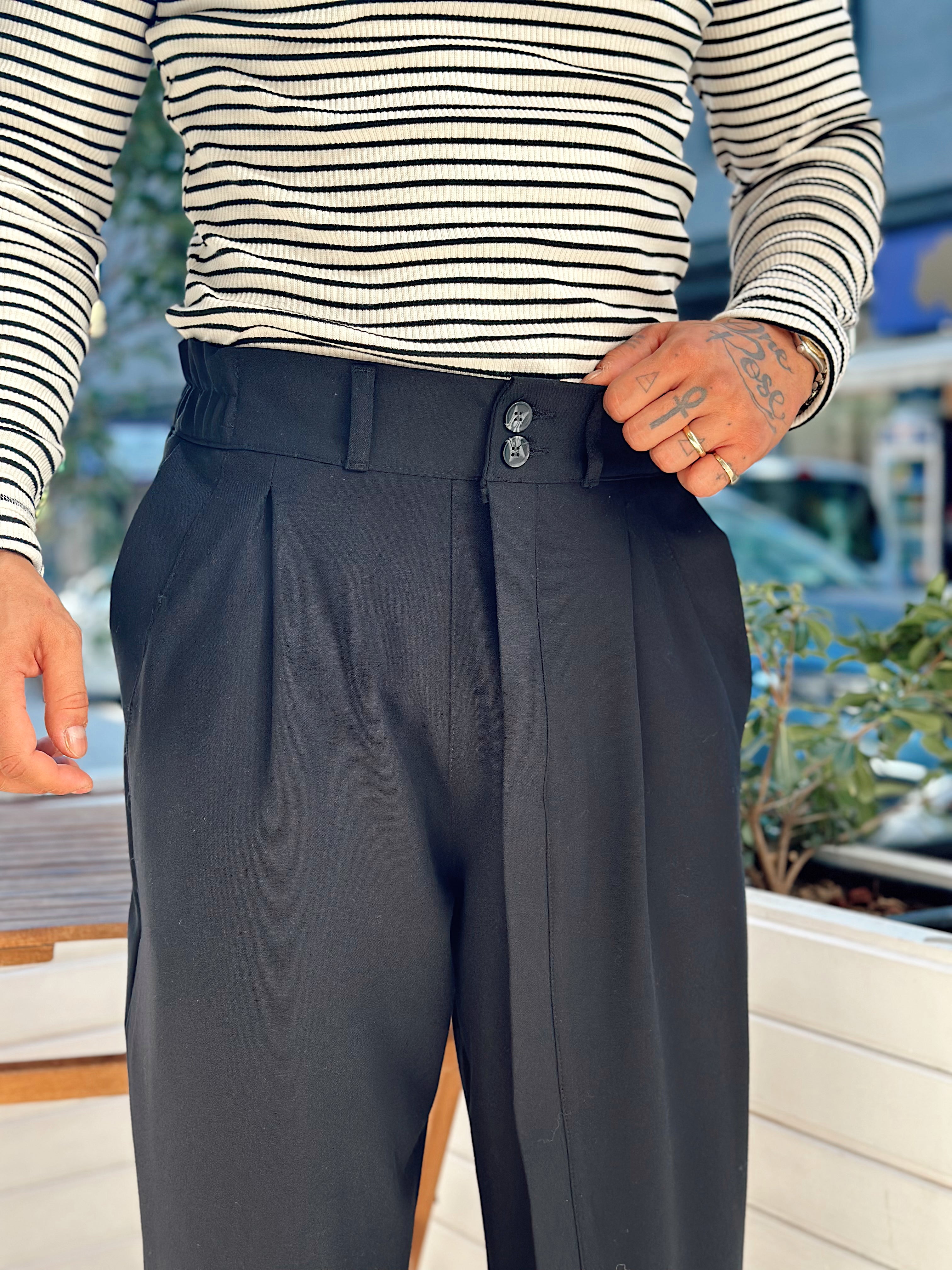 MP4040 - Çift Düğmeli Full Patlı Baggy Pantolon siyah