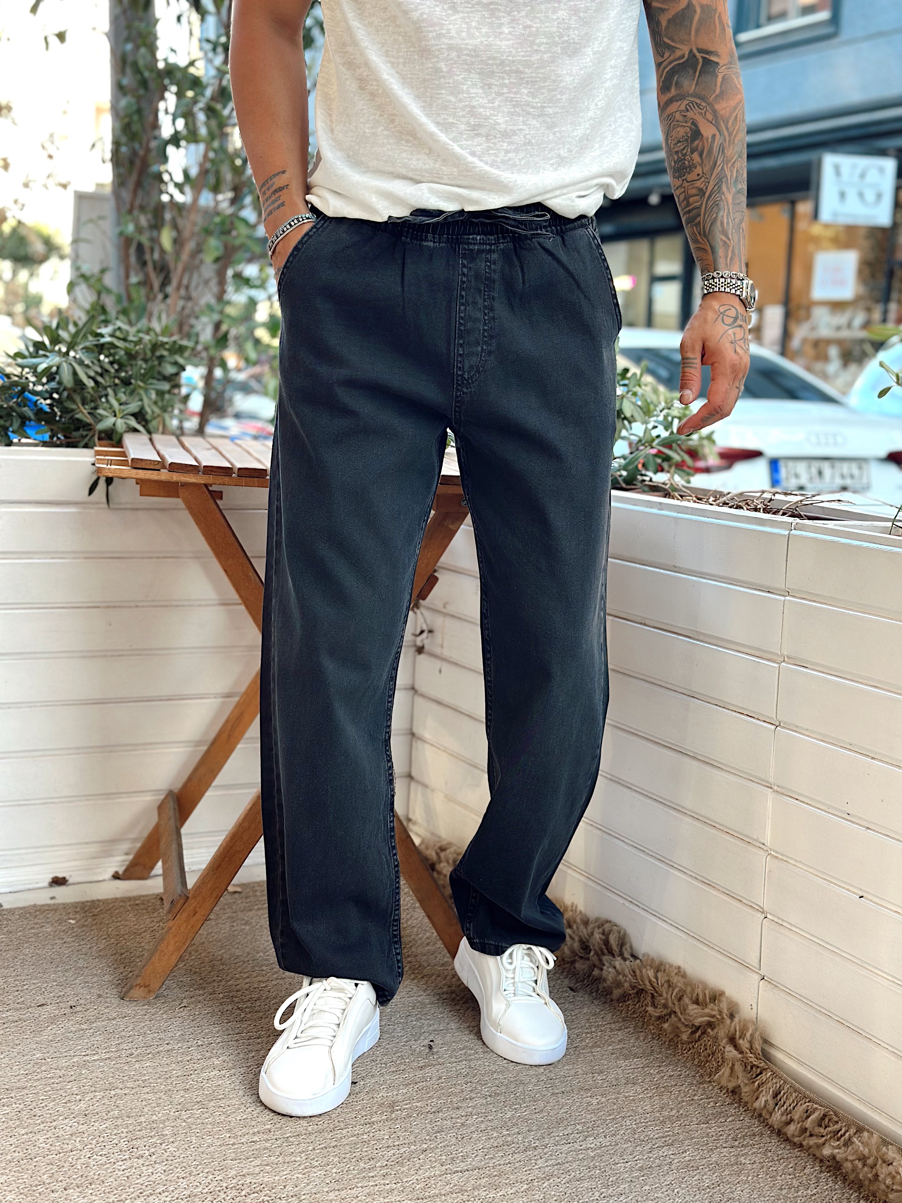 MP3097 - Beli İpli Baggy Kot Pantolon siyah