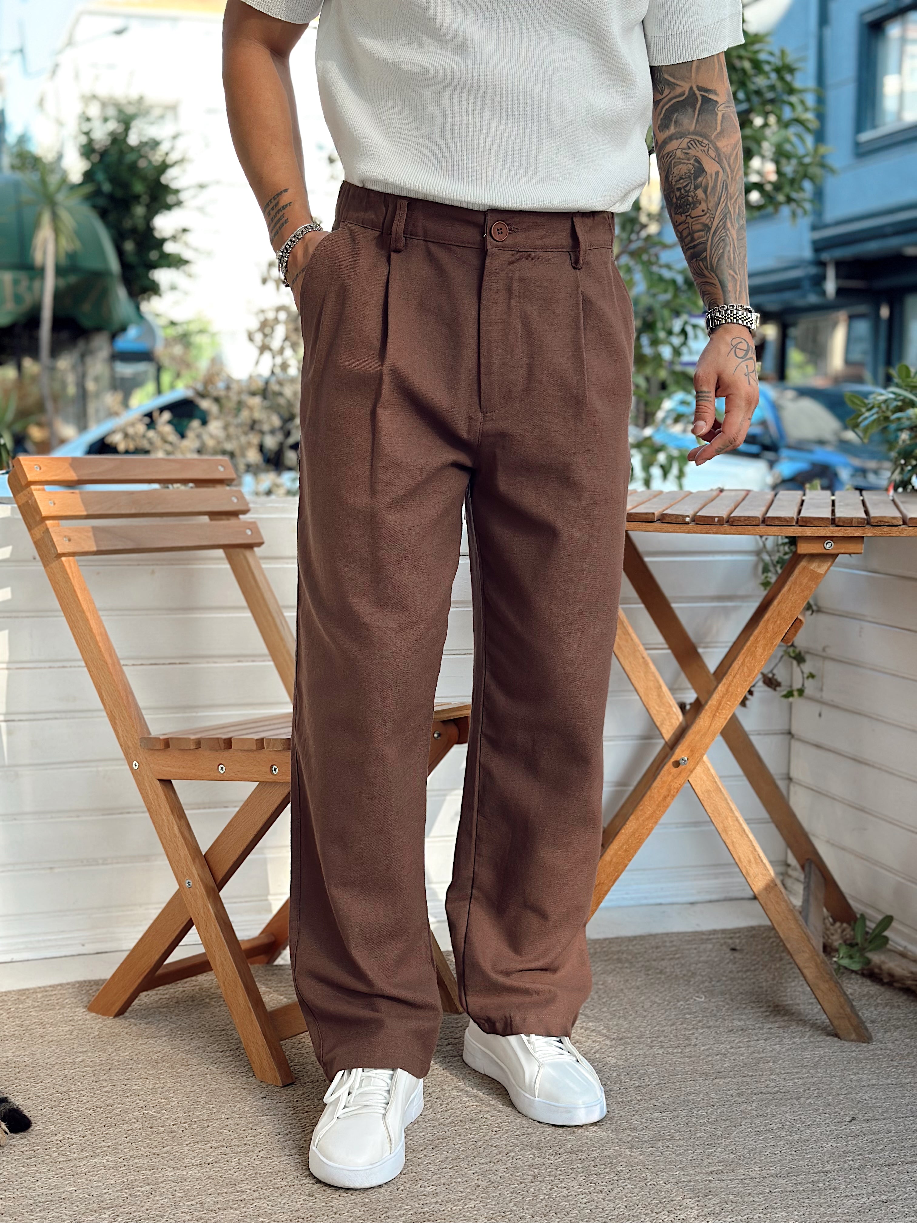 MP3067 - Baggy Pileli keten Pantolon kahve