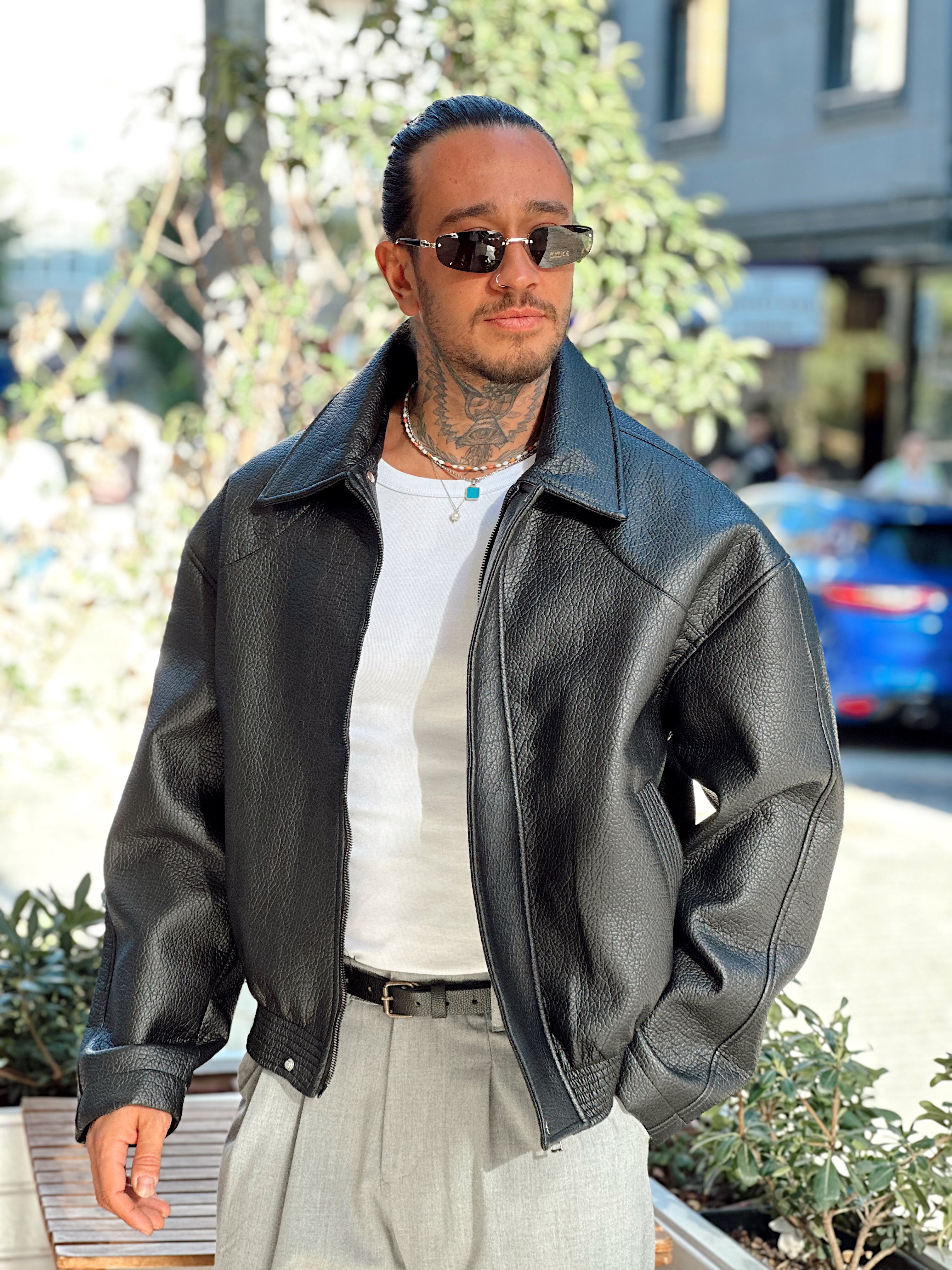 MM4024 - Oversize Yıkamalı Deri Mont siyah
