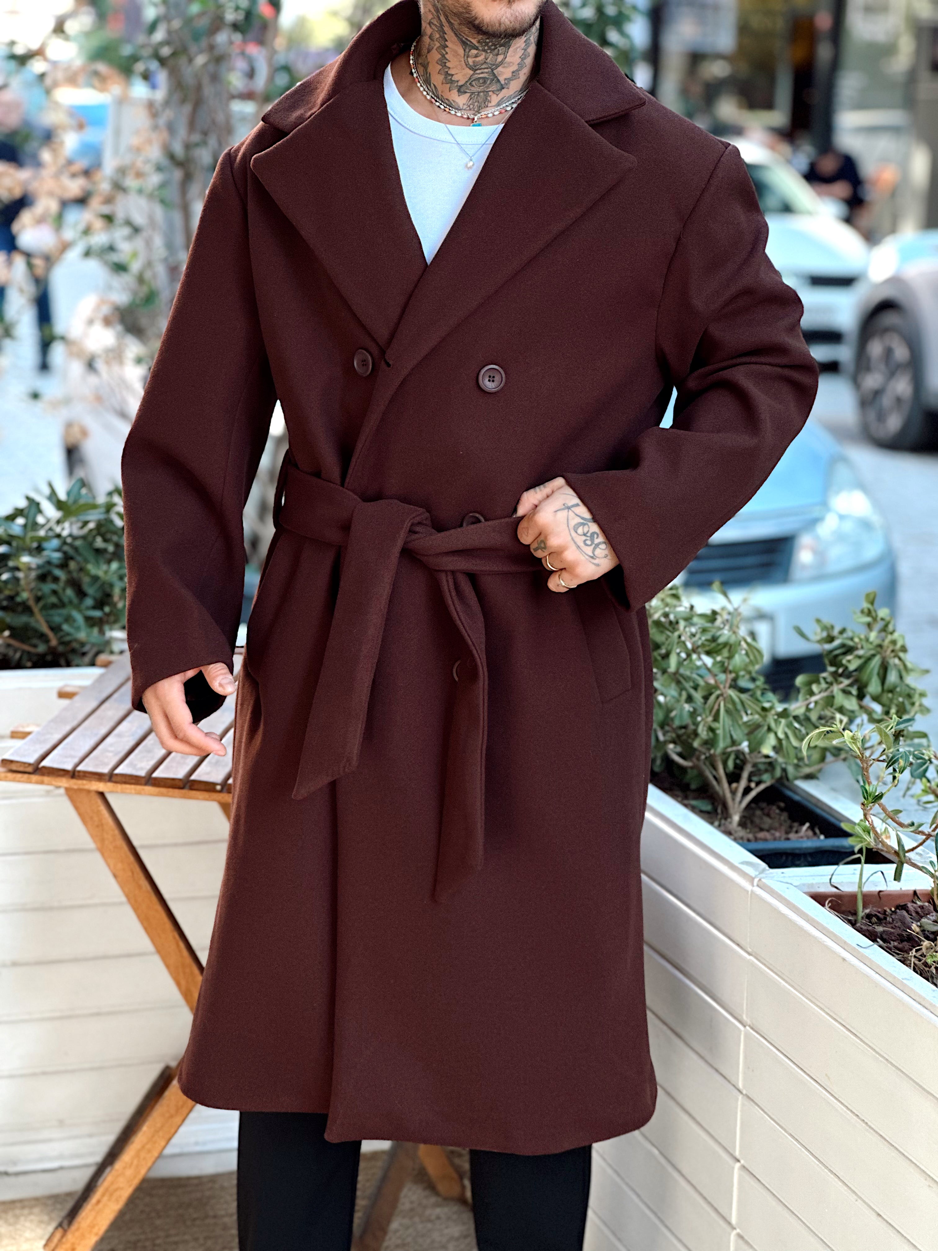 MM4044 - Giesto Oversize Kuşaklı Kaşe Kaban Kahve