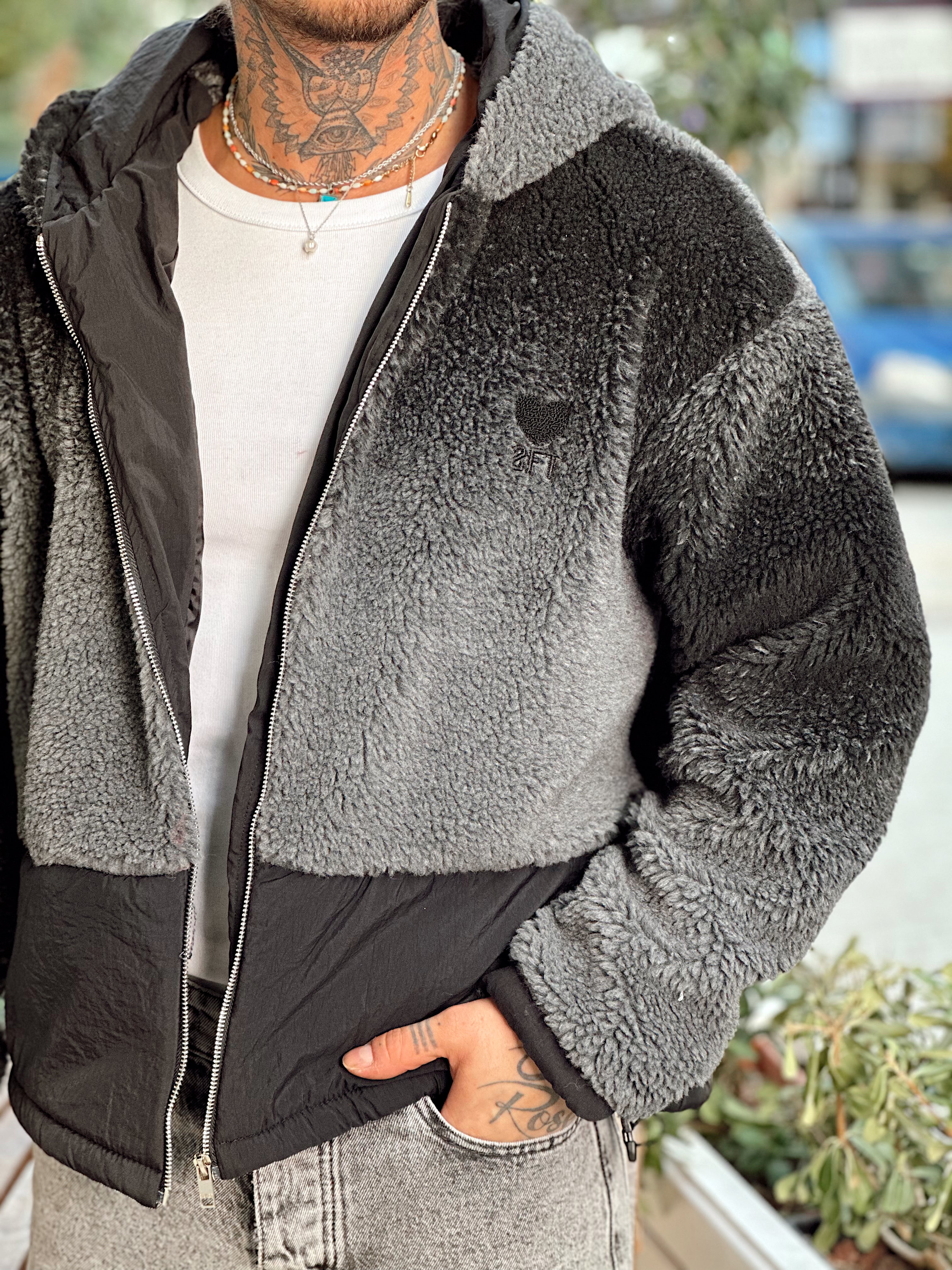 MC4079 - Çift Renk Kapüşonlu Peluş Ceket Gri-Siyah