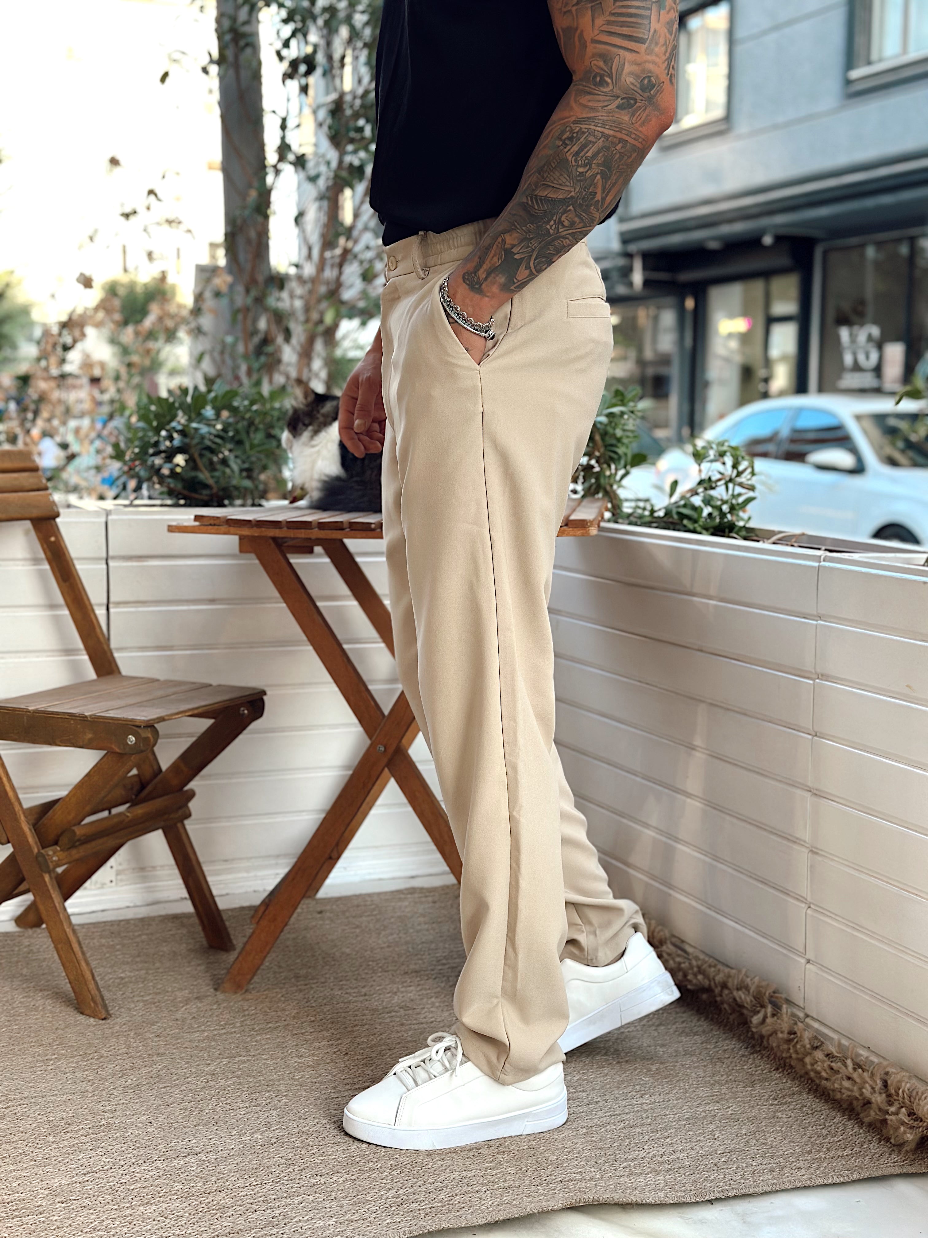MP3239 -Baggy Basic Tek Düğmeli Jogger Pantolon krem
