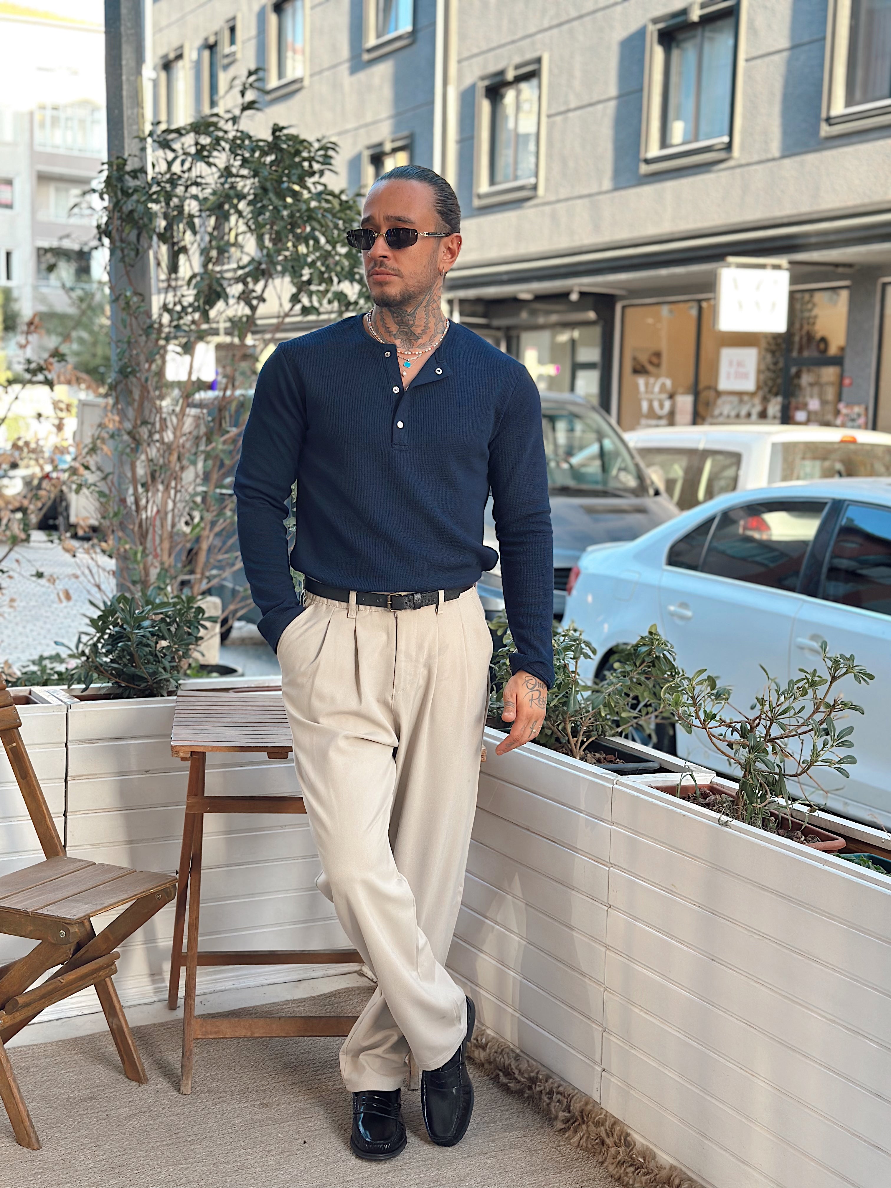 MS4043 - Basic Yaka ÇıtÇıtlı Waffle Kumaş Sweatshirt  Laci