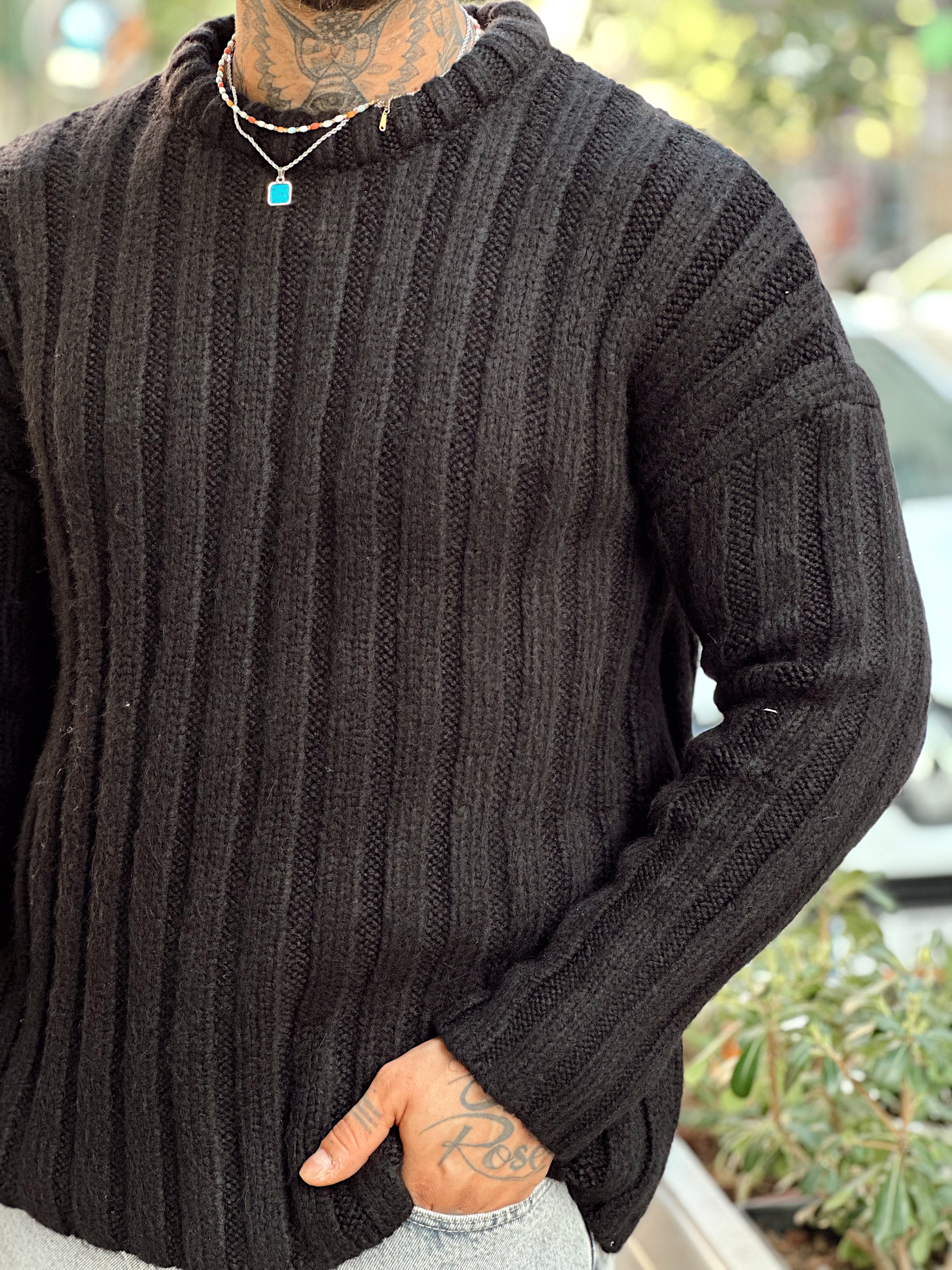 MS4008 - Kendinden Şeritli Yarım Balıkçı Sweatshirt siyah