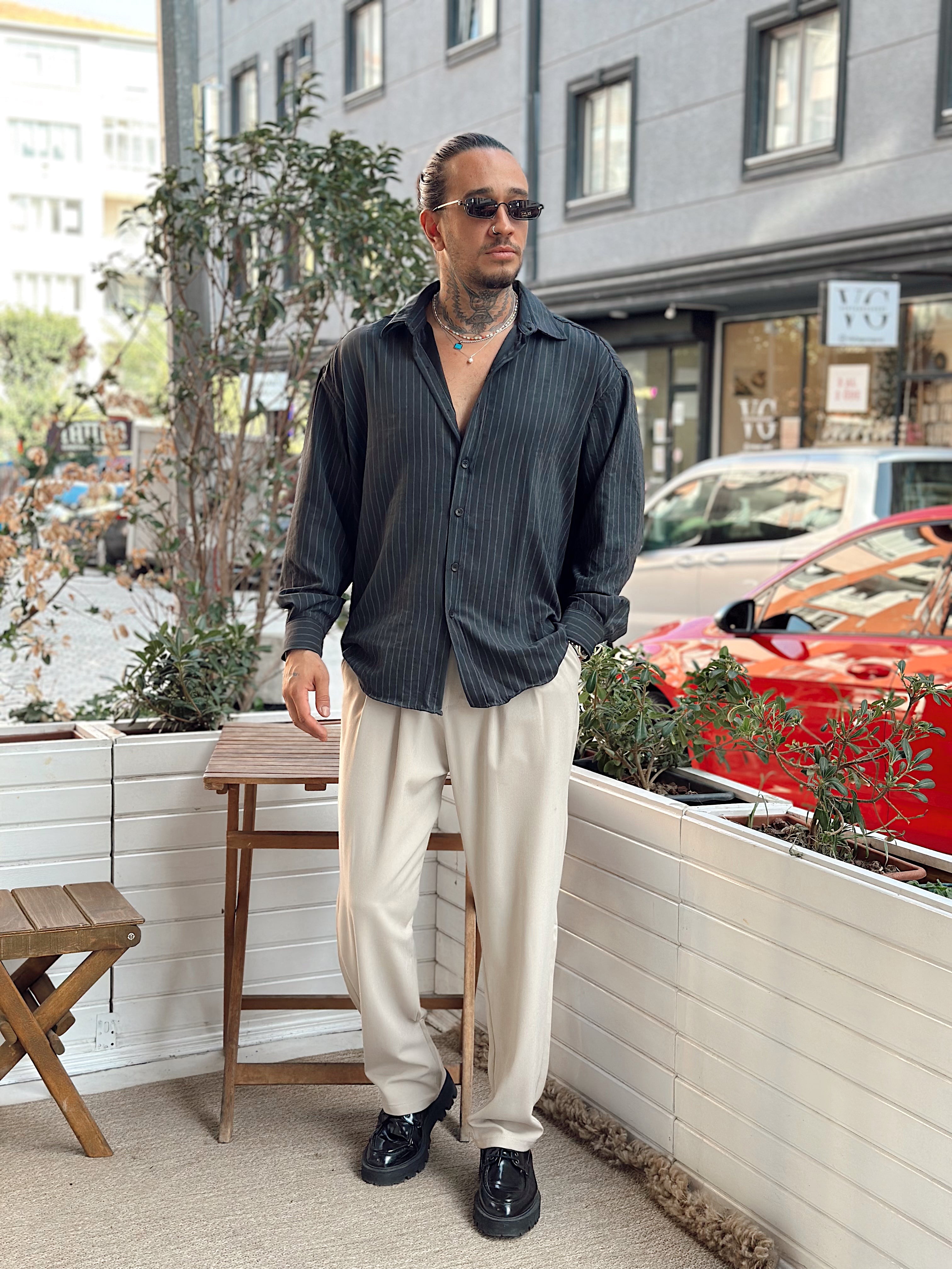 MG4009 - Oversize Çizgili Modal Gömlek Siyah