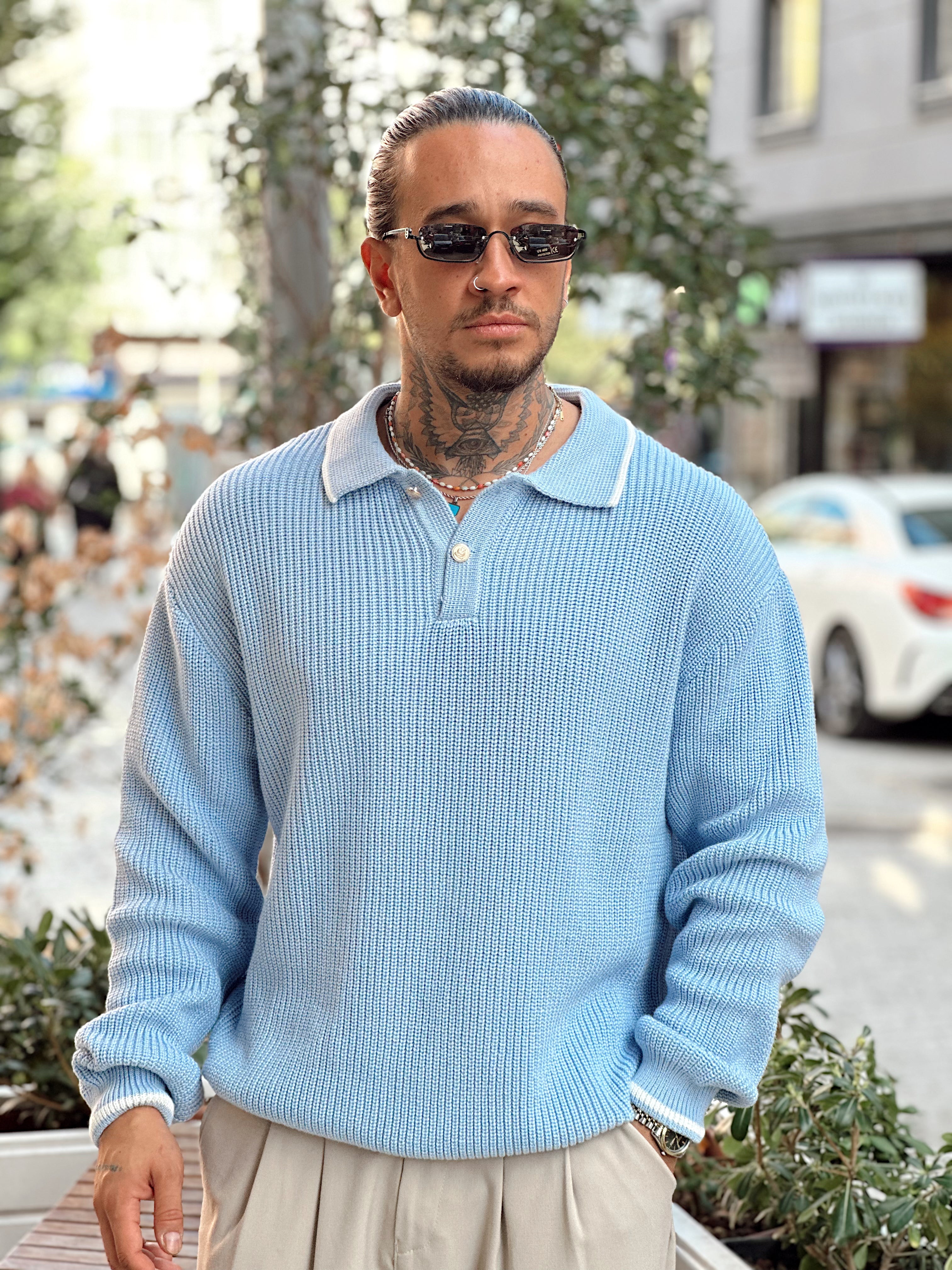 MS4042 - Oversize Madalyon Düğmeli Polo Yaka Sweatshirt mavi