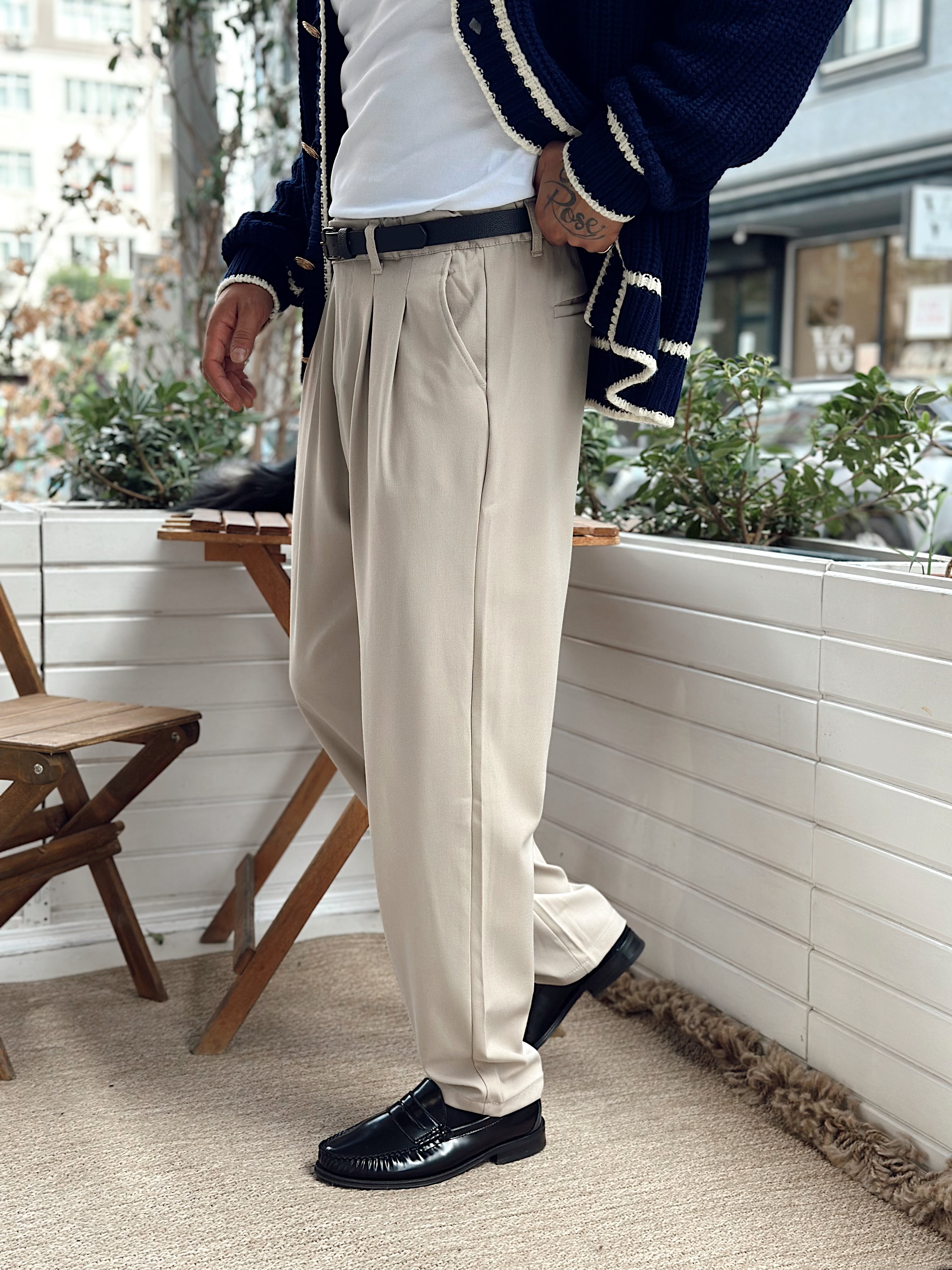 MP4030 - Pileli Baggy Kumaş Pantolon krem