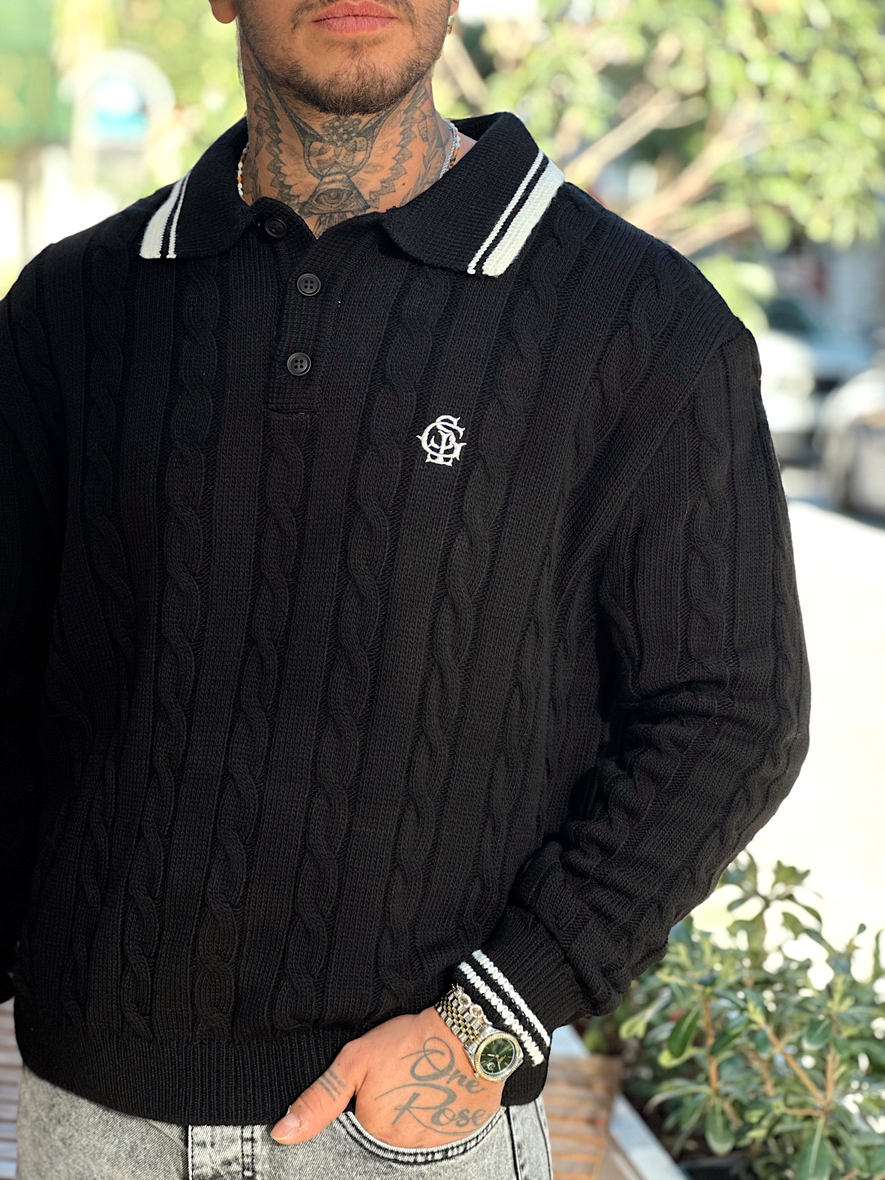 MS4028 - Saç Örgü Şerit Detaylı Örme Polo Yaka Sweatshirt siyah