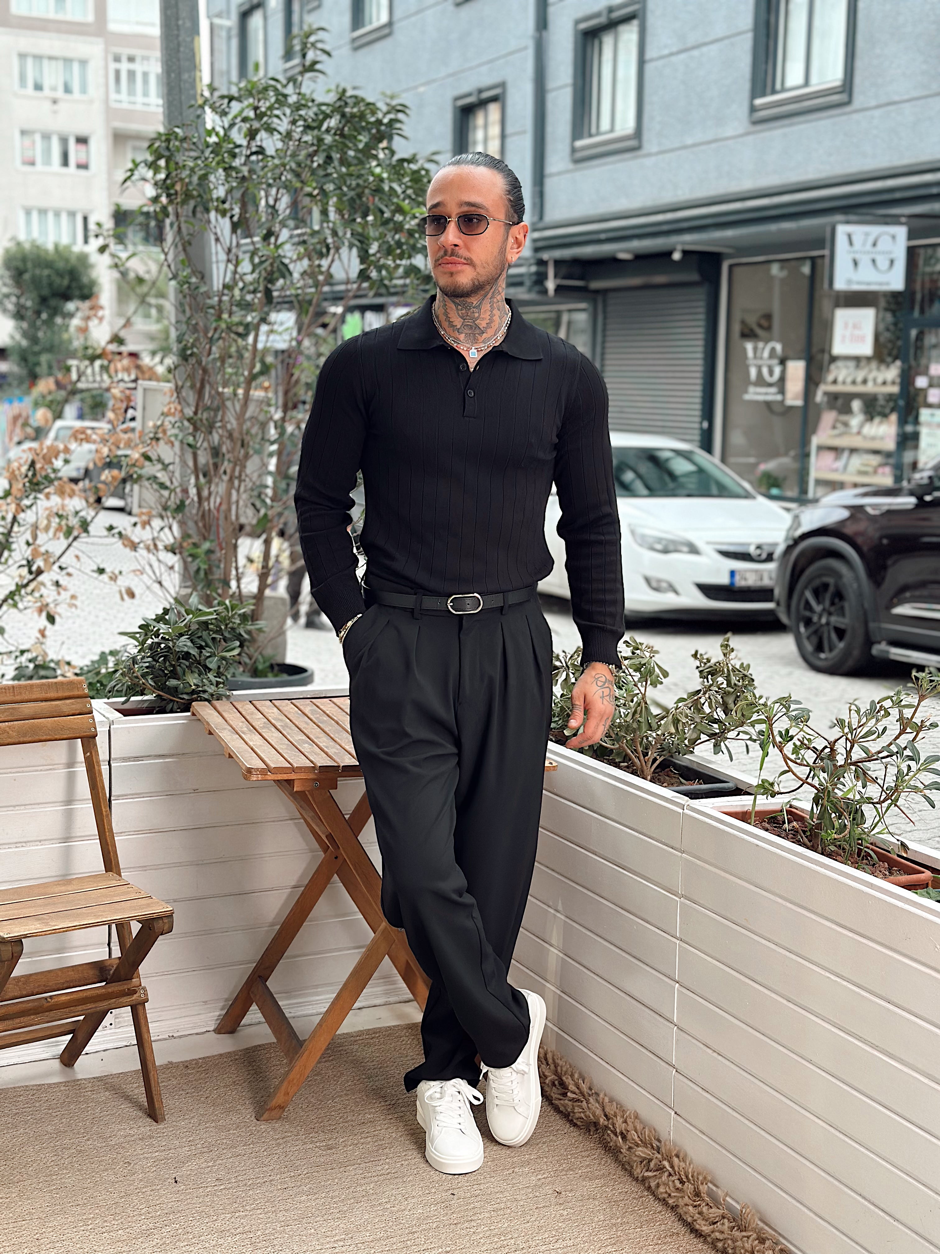 MS4087 - Yakası Düğmeli Fitilli Basic Sweatshirt siyah