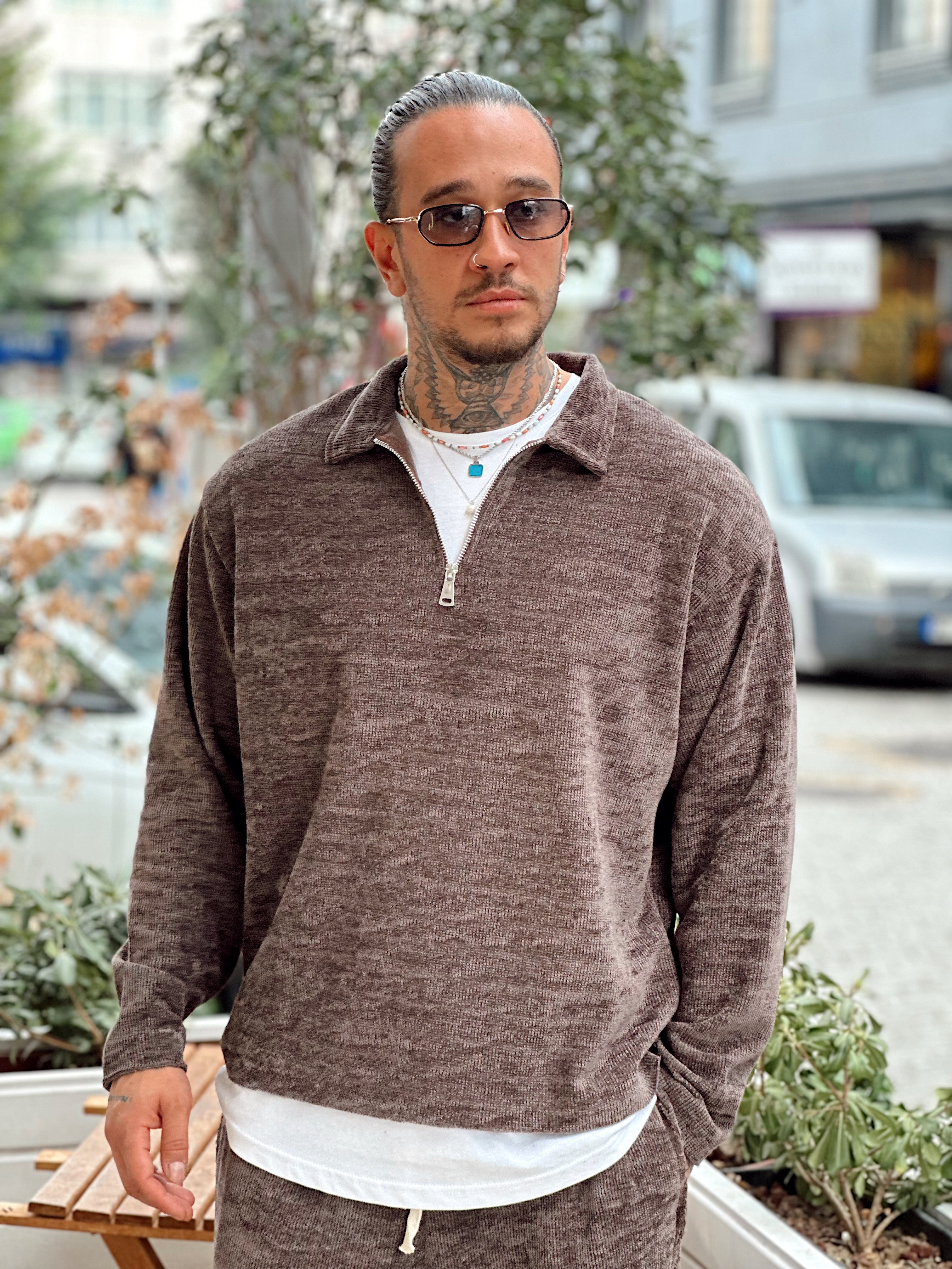 MT4070 - Kumaş Detaylı Sweatshirt Pantolon Takım kahve