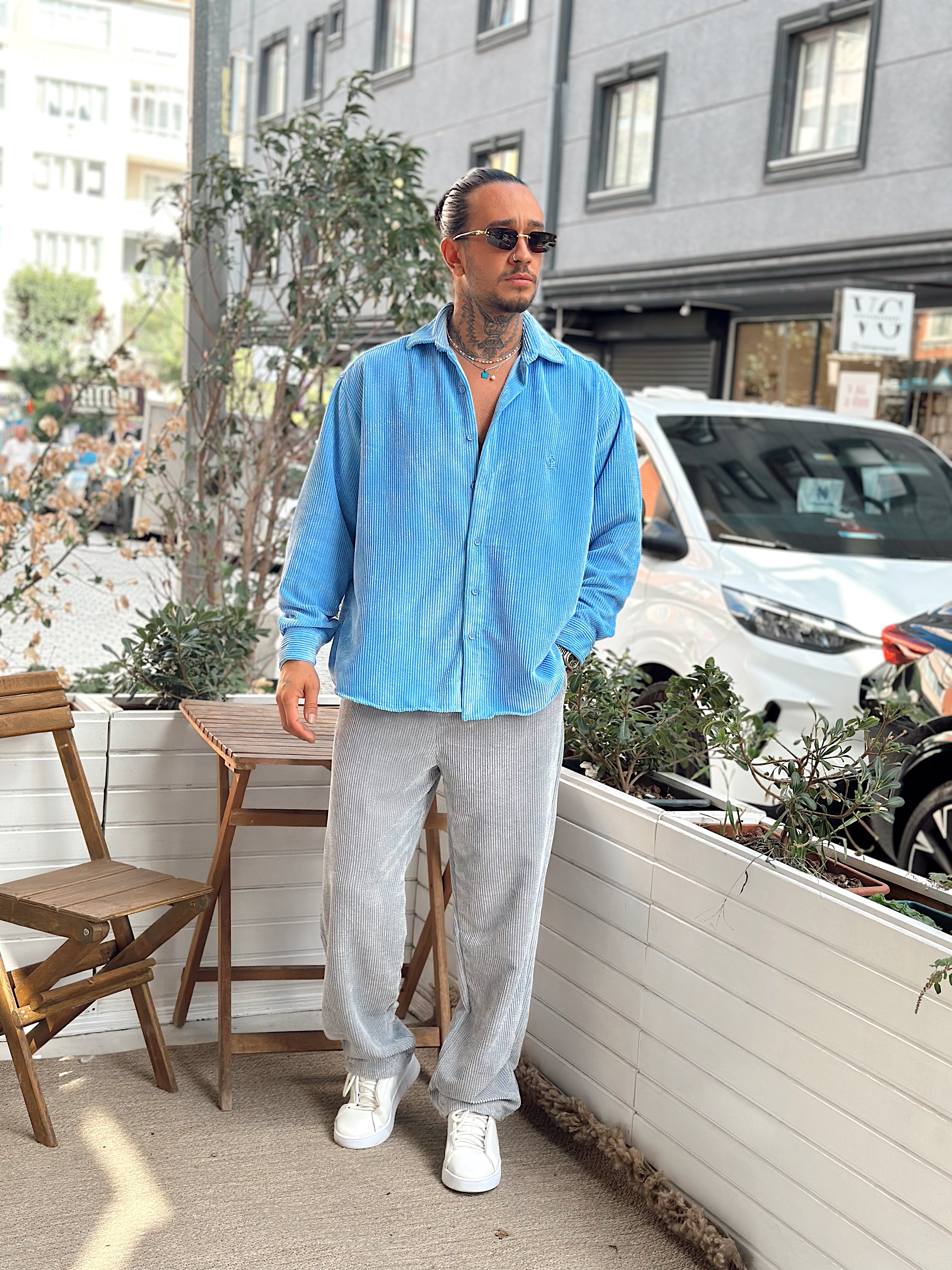 MG4003 - Oversize Basic Kadife Gömlek mavi