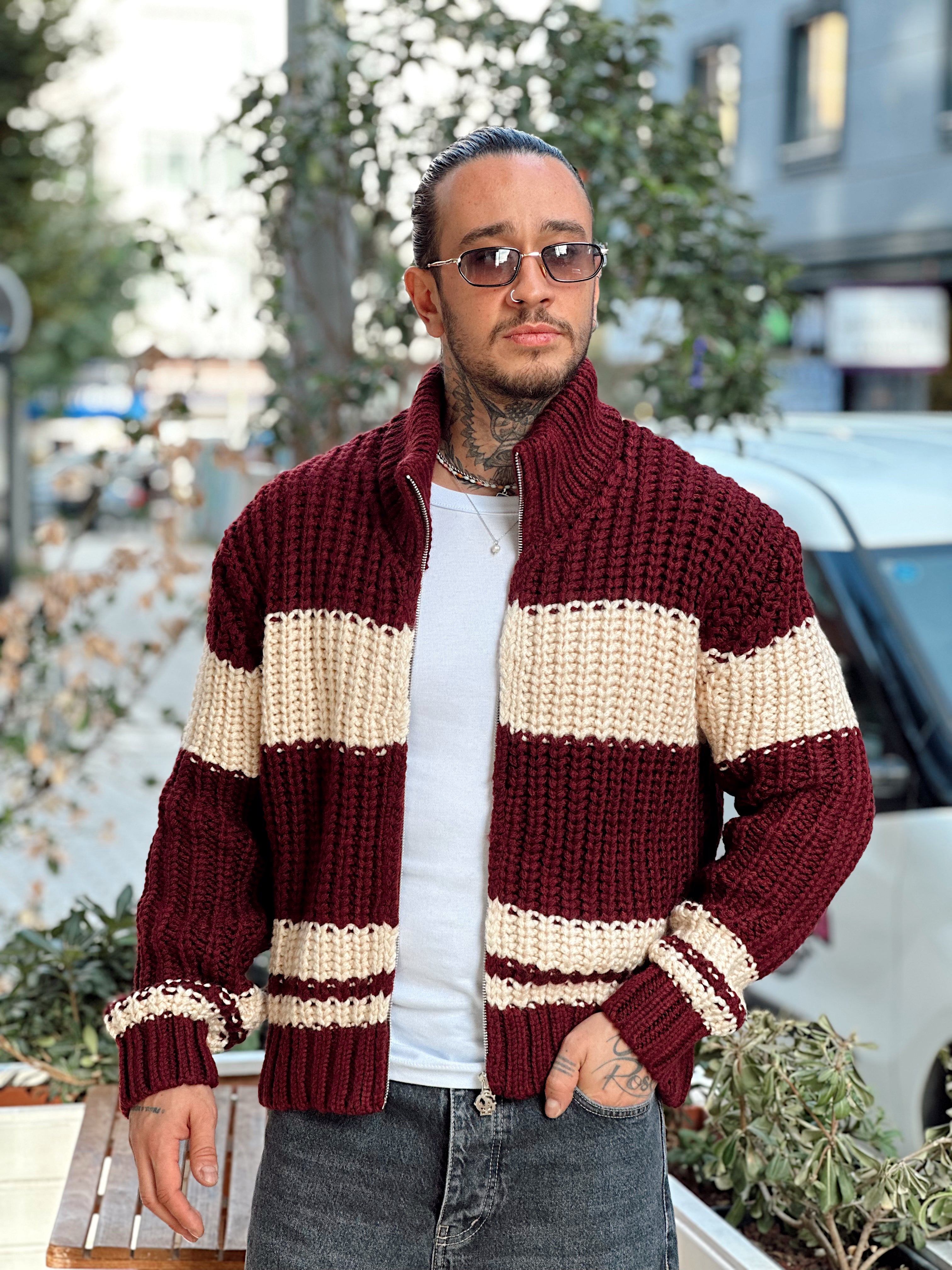 MS4092 - Çift Renk Çelik Örme Fermuarlı Hırka bordo