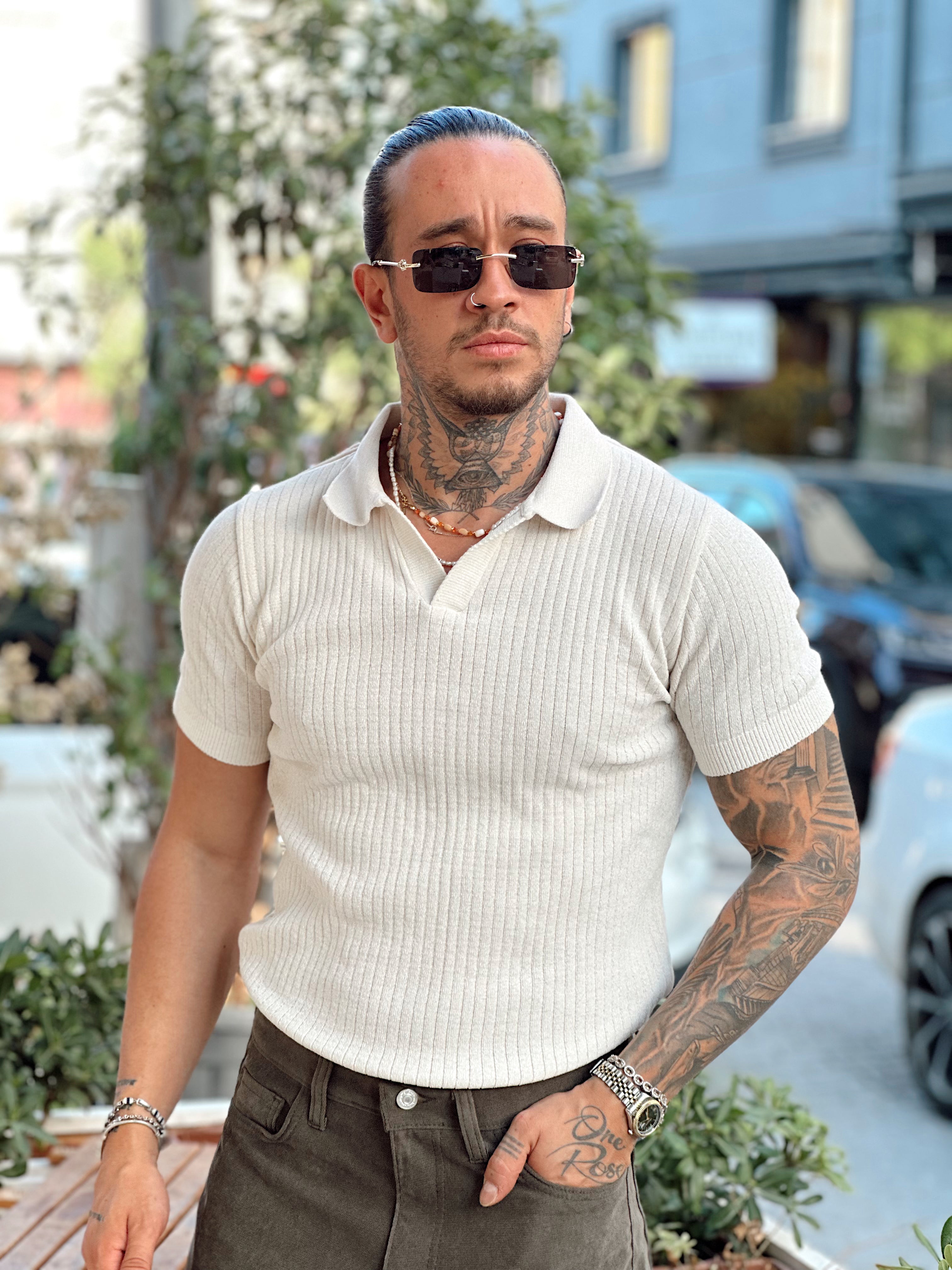 MT3049 - Şönil Kumaş Triko Polo Yaka beyaz