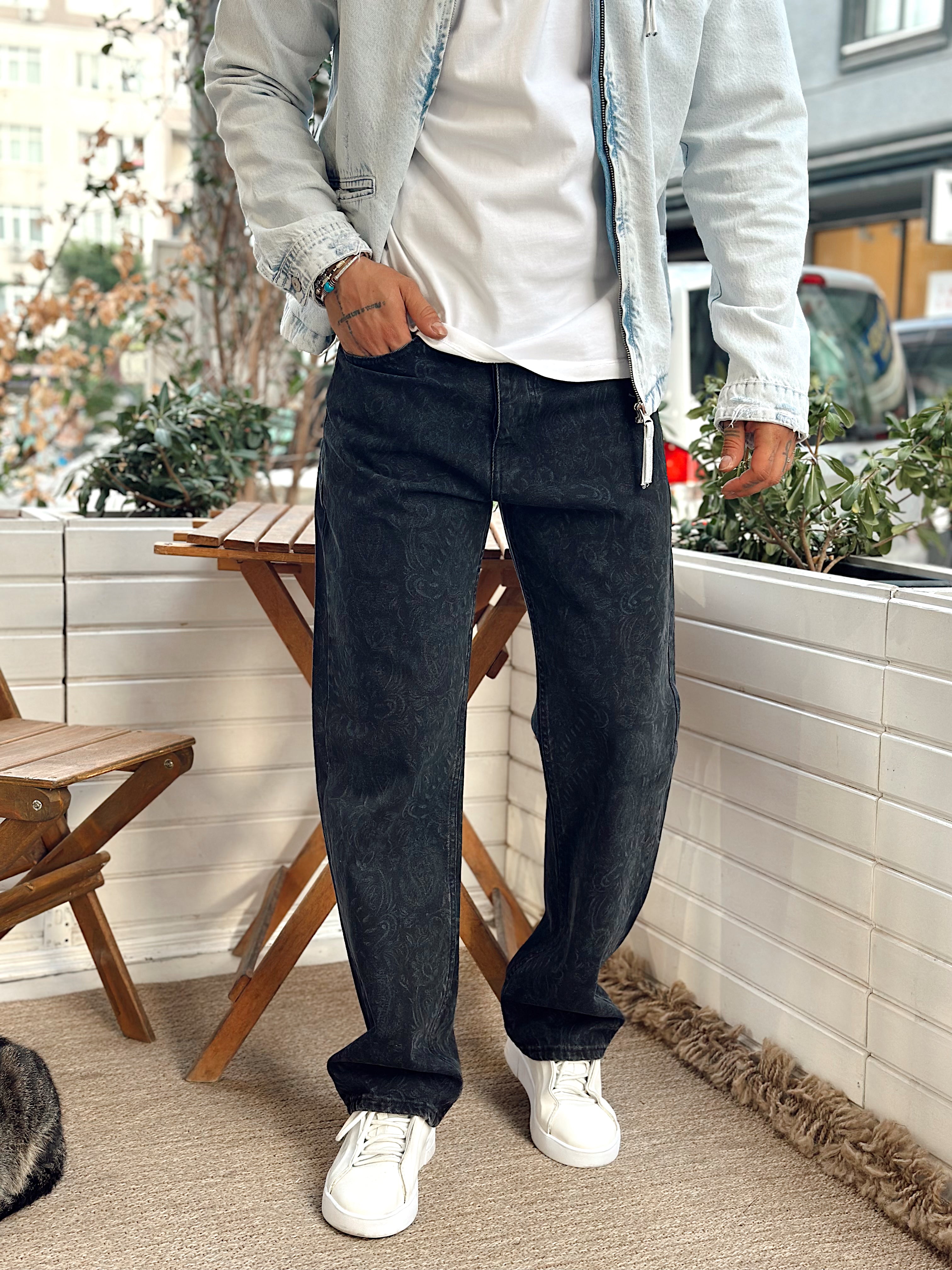 MP4067 - Hat Desenli Regular Kot Pantolon Siyah