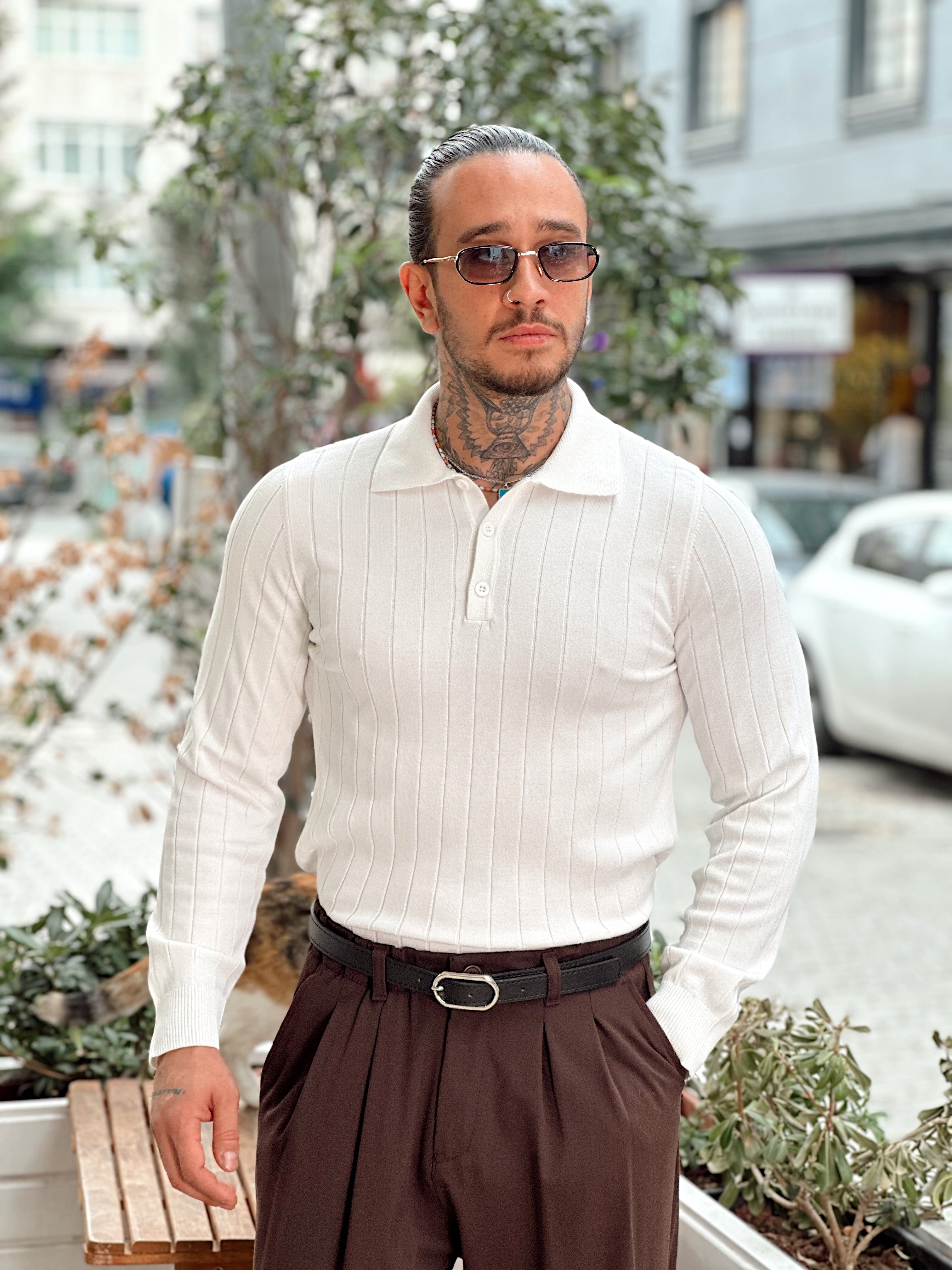 MS4087 - Yakası Düğmeli Fitilli Basic Sweatshirt beyaz