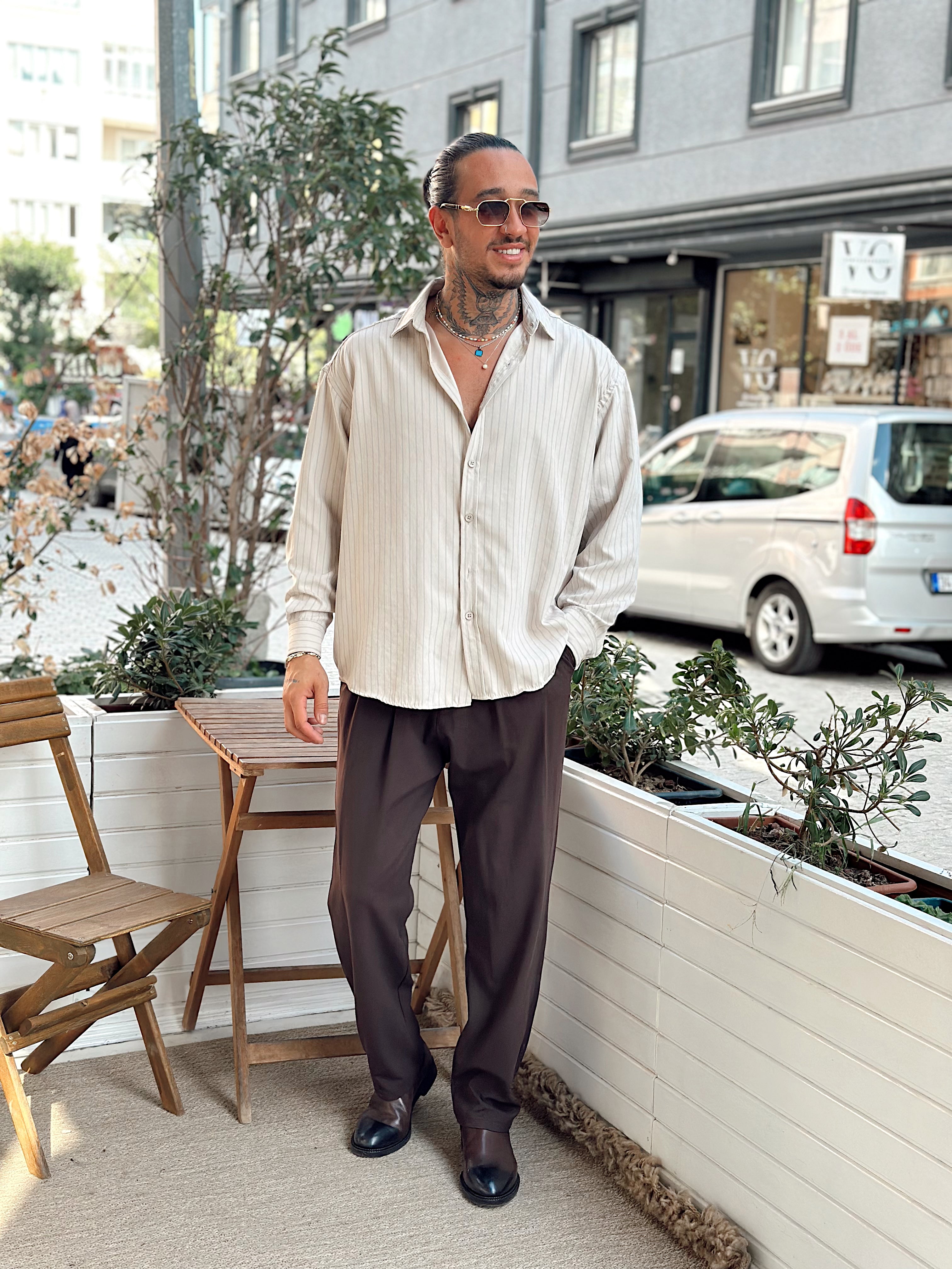 MG4009 - Oversize Çizgili Modal Gömlek krem