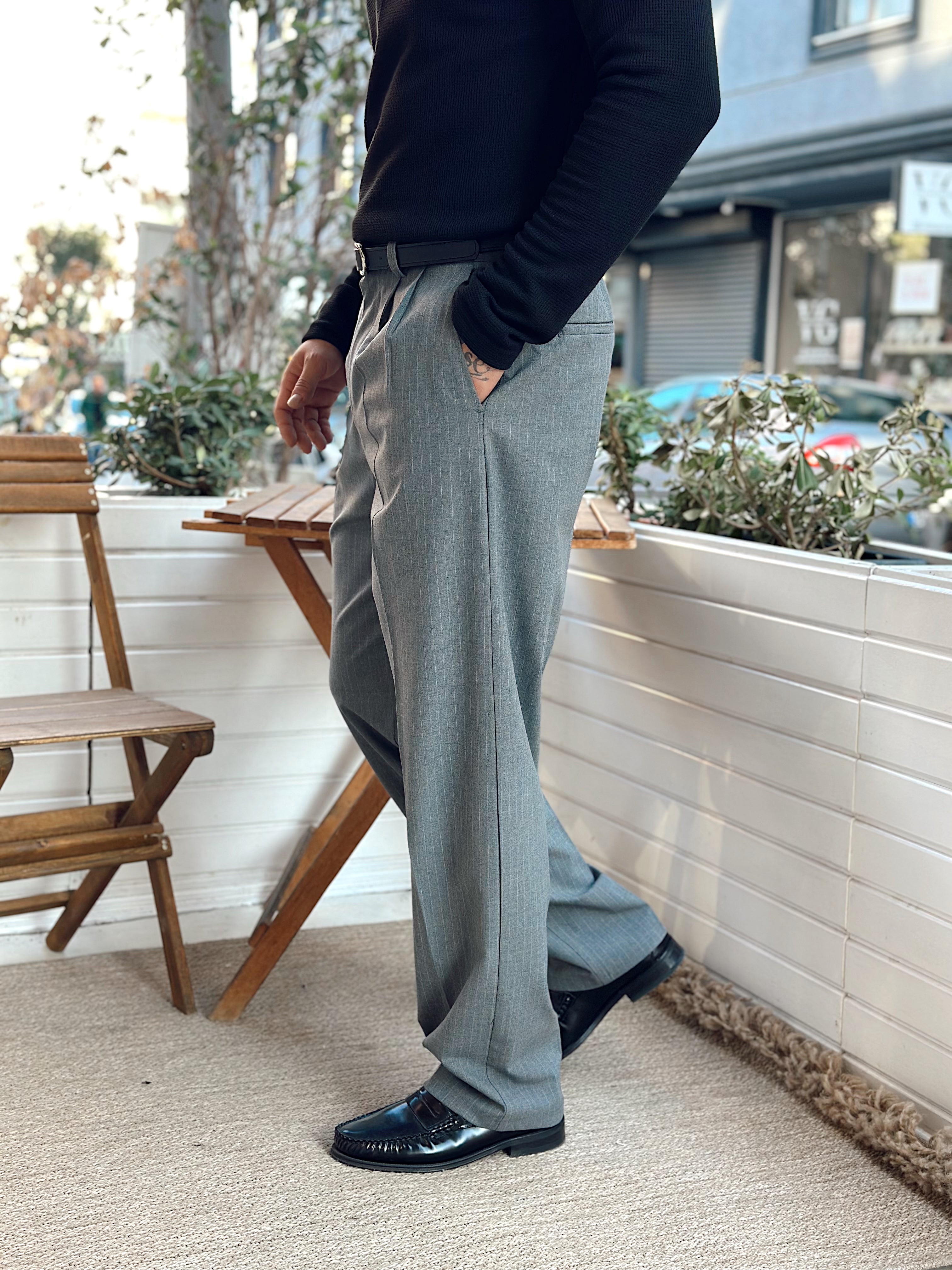 MP4098 - Giesto Çift Pileli Çizgili Baggy Kumaş Pantolon gri