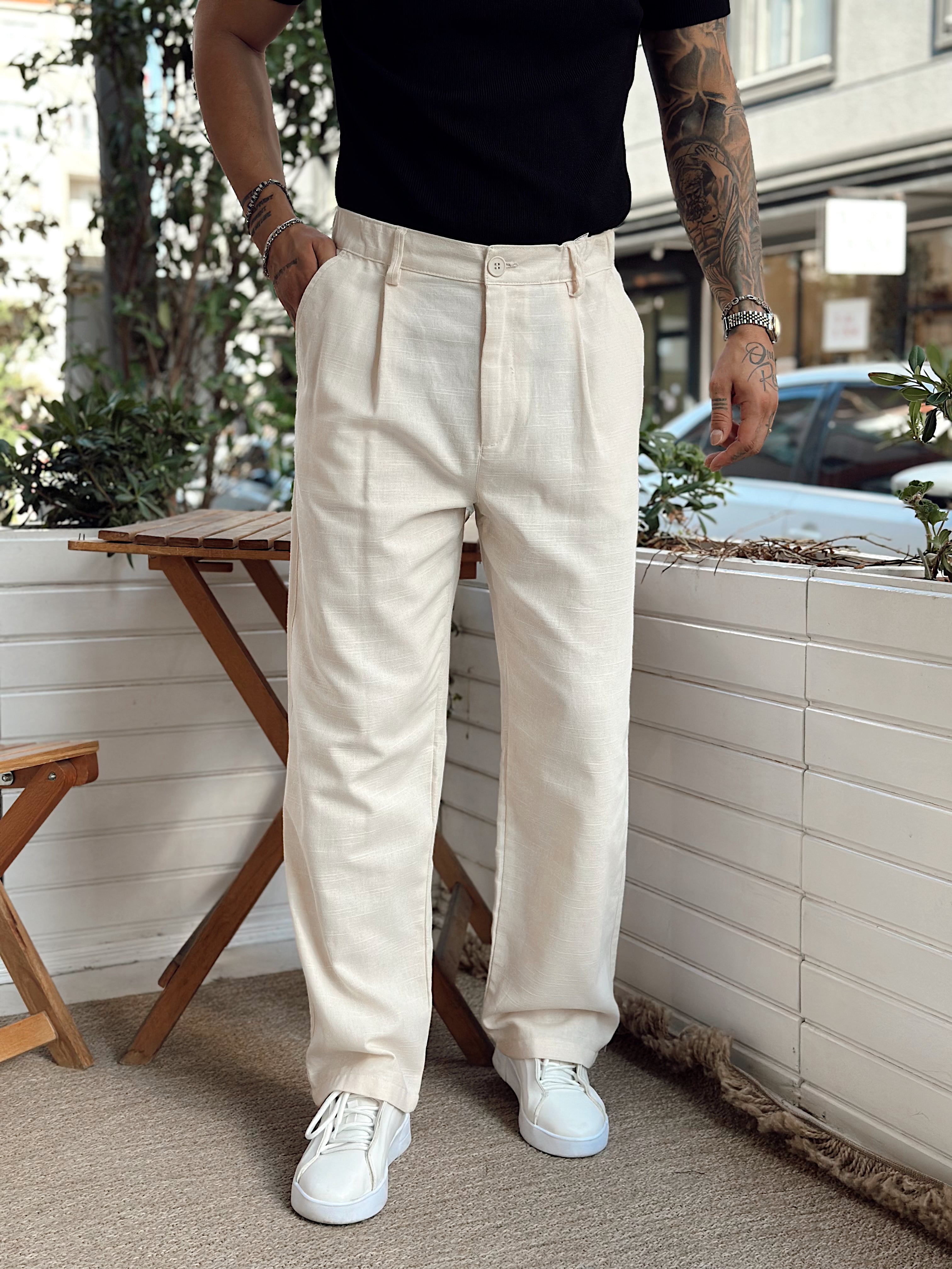MP3066 - Baggy Pileli keten Pantolon krem