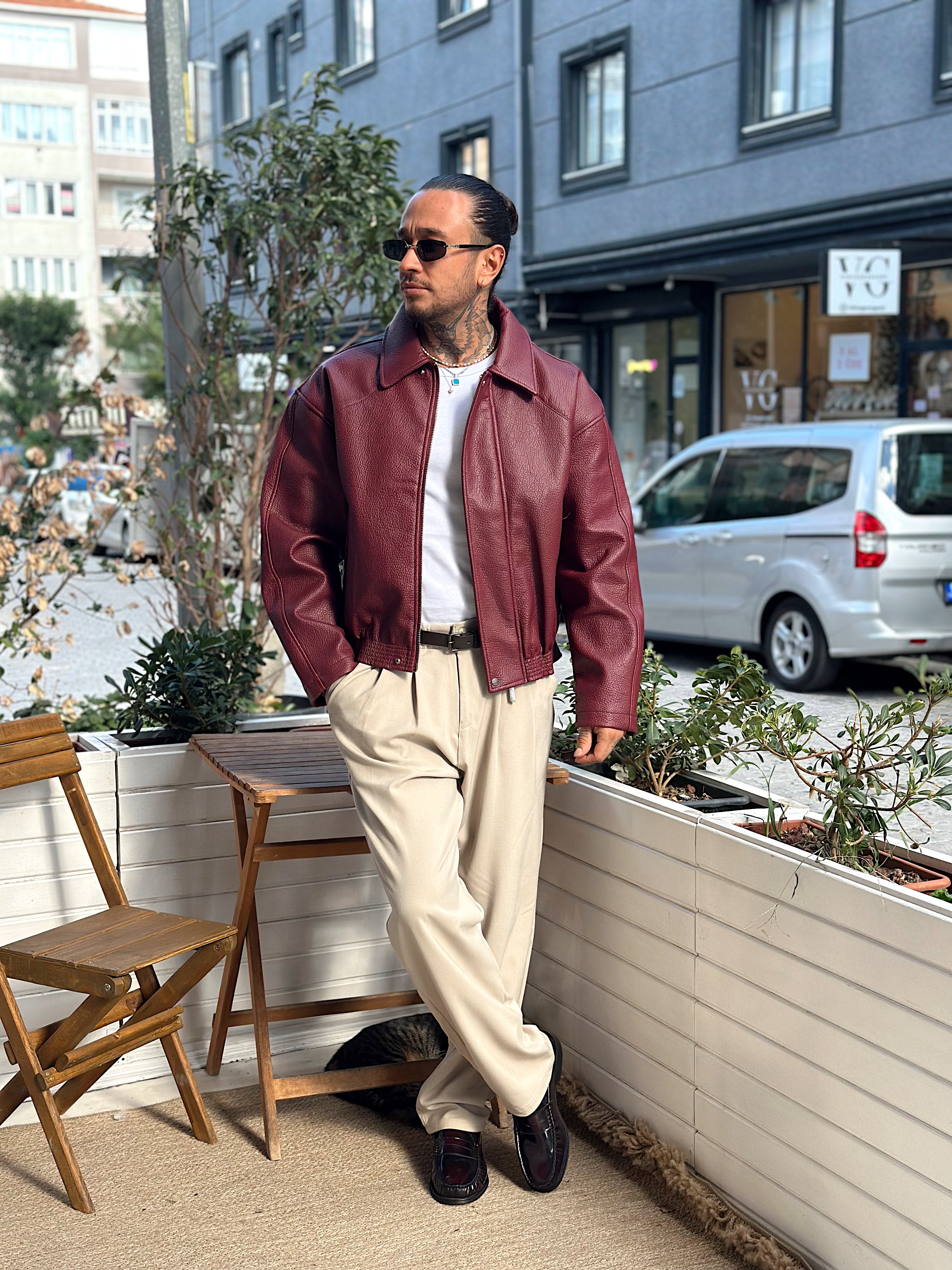 MM4024 - Oversize Yıkamalı Deri Mont bordo