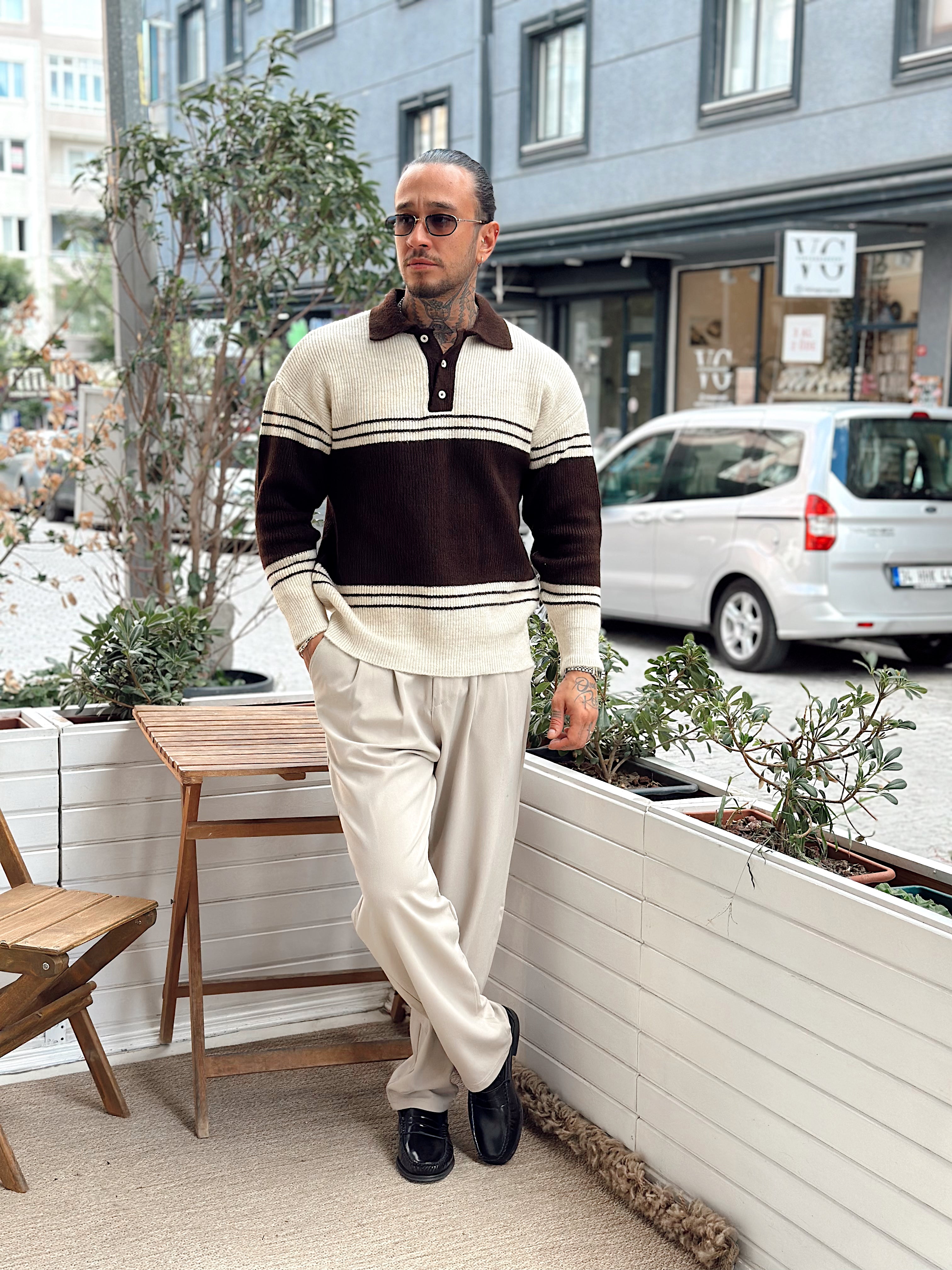 MS4037 - Çift Renk Vanc Triko Polo Yaka kahve