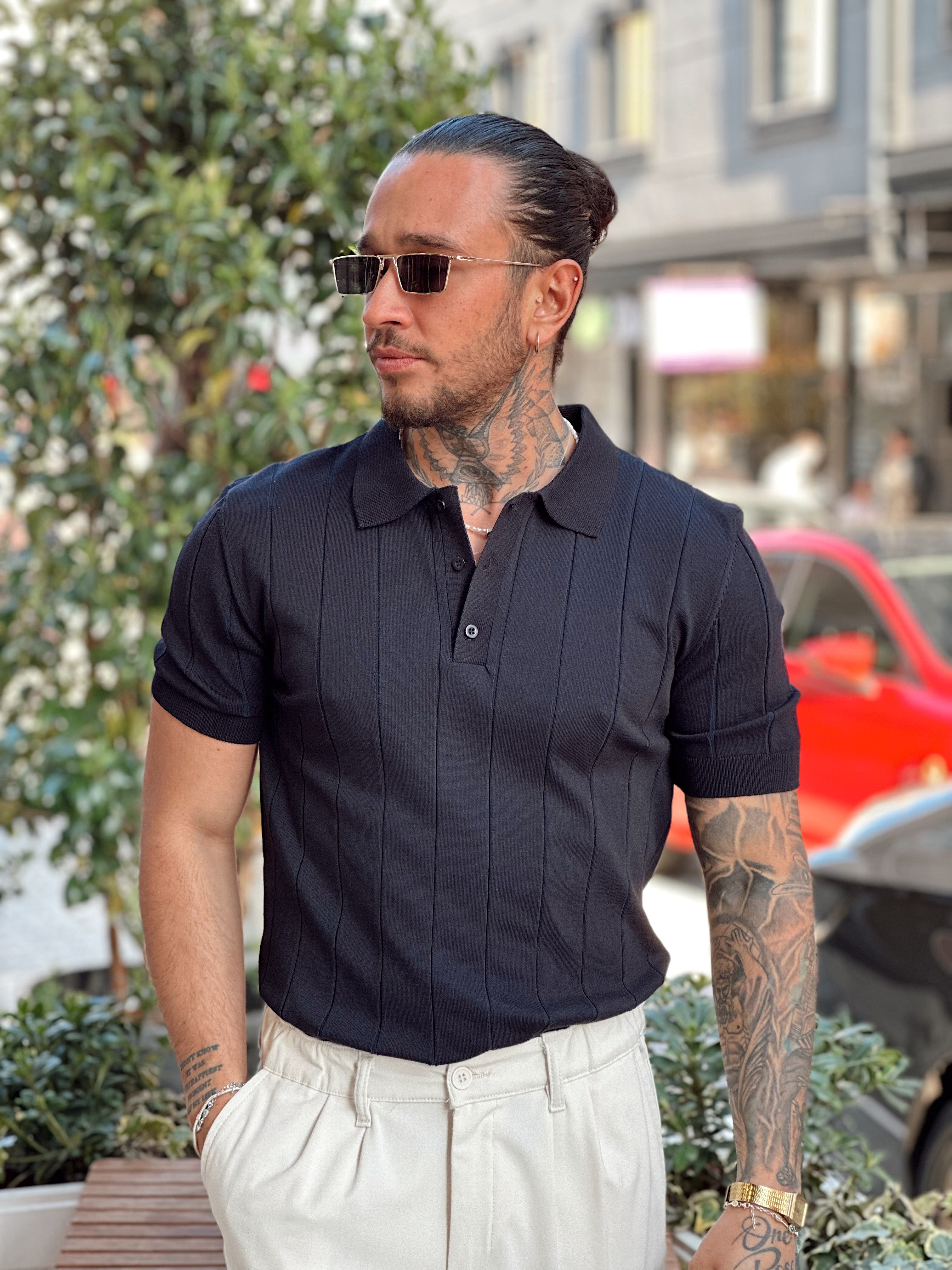 MT2756 -Şerit Detaylı Full Likralı Polo Yaka T-Shirt Laci