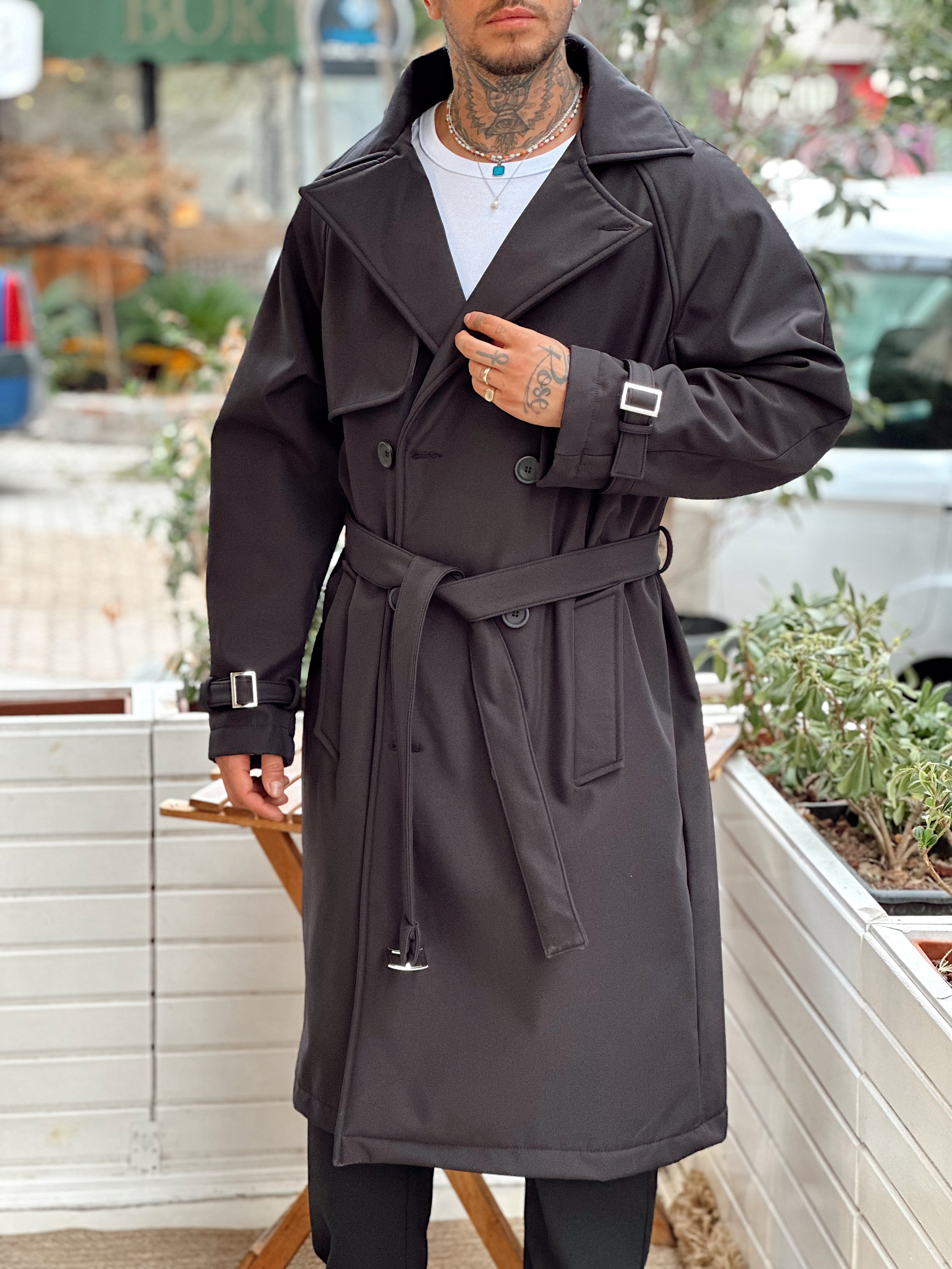MM4068 - Giesto Oversize Kemerli Trench Coat siyah