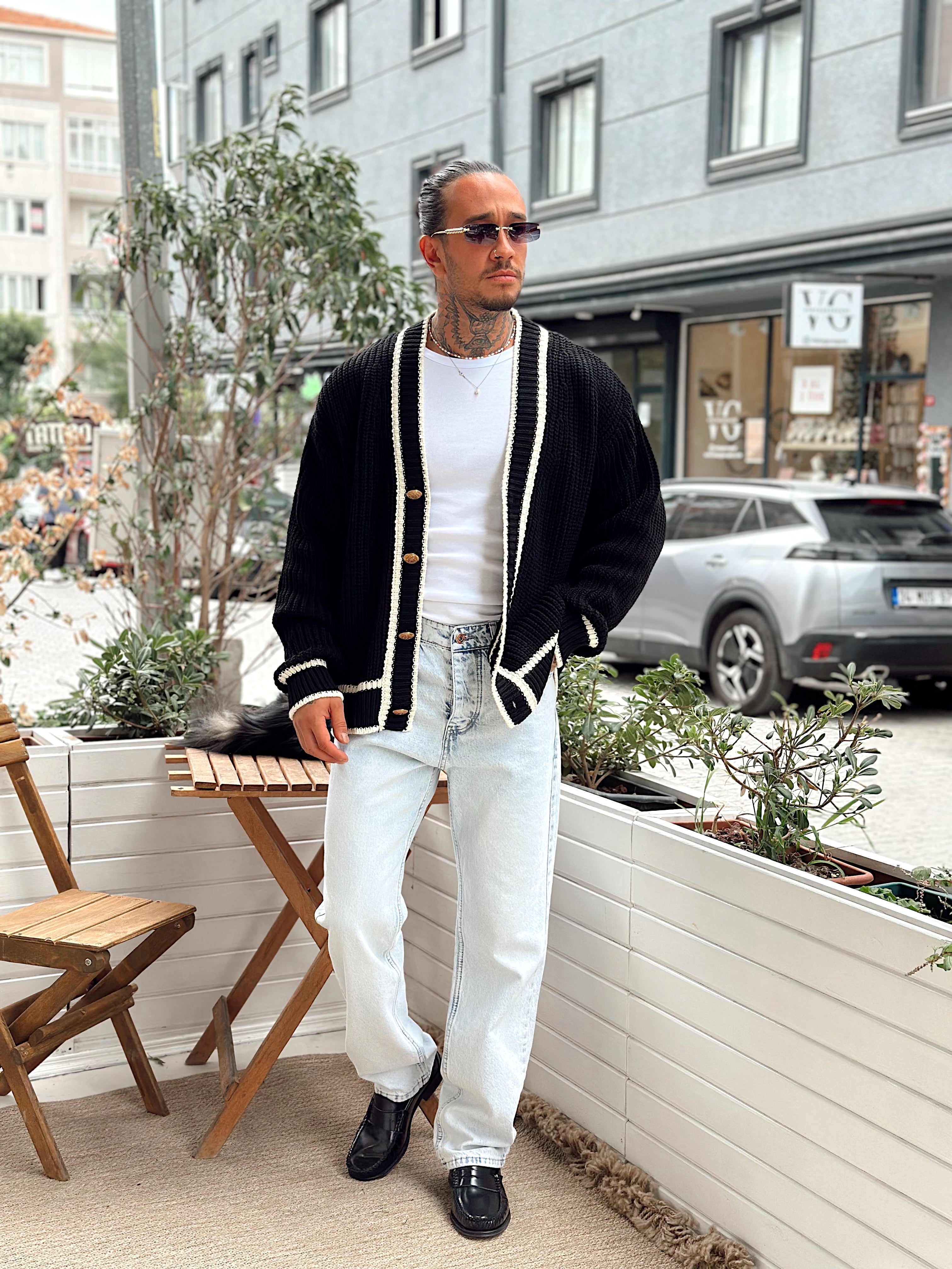 MS4004 - Old Money Çift Renk Örme Hırka siyah