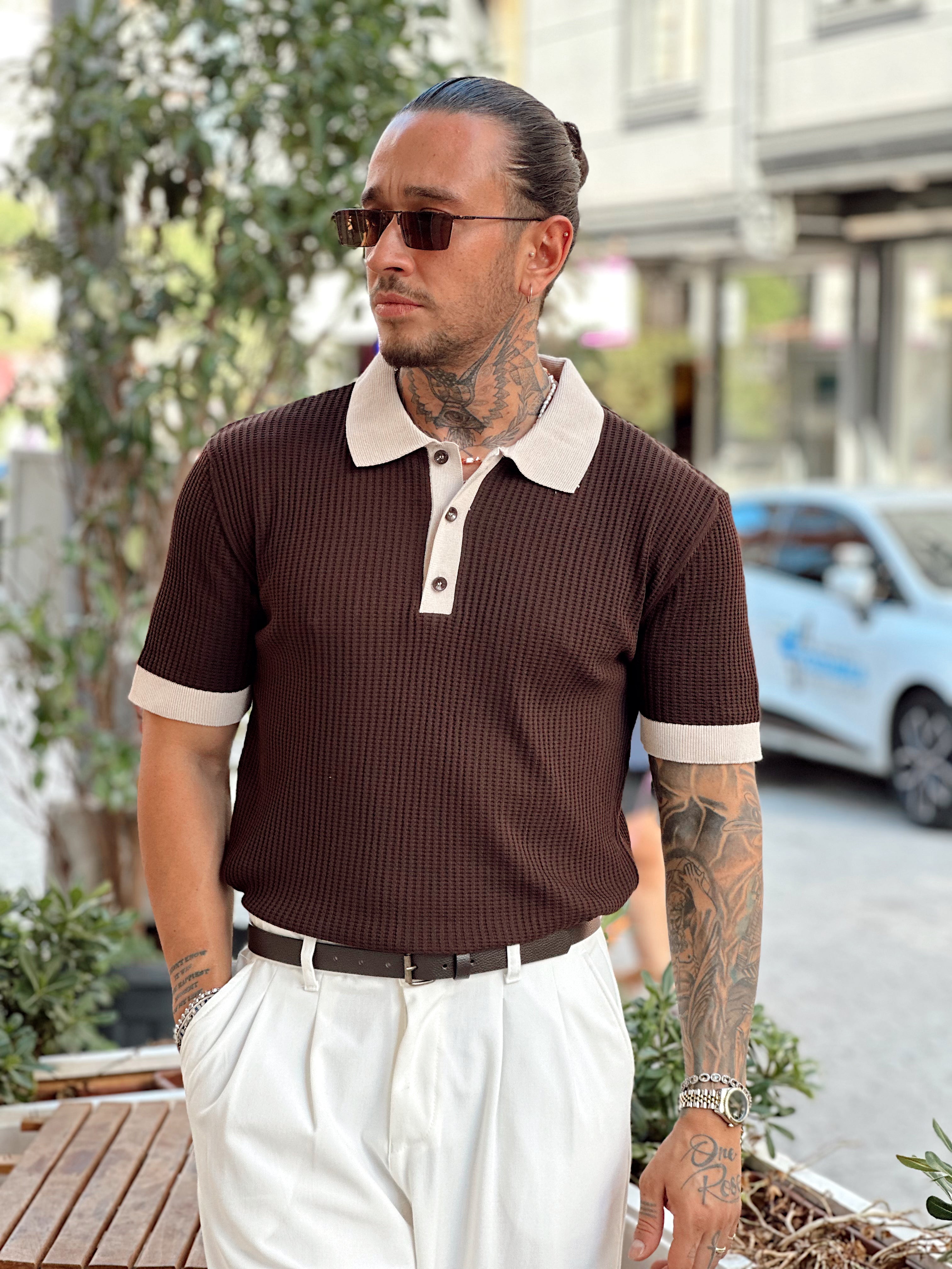 MT3027 - Çift Renk Örme Polo Yaka Triko kahve