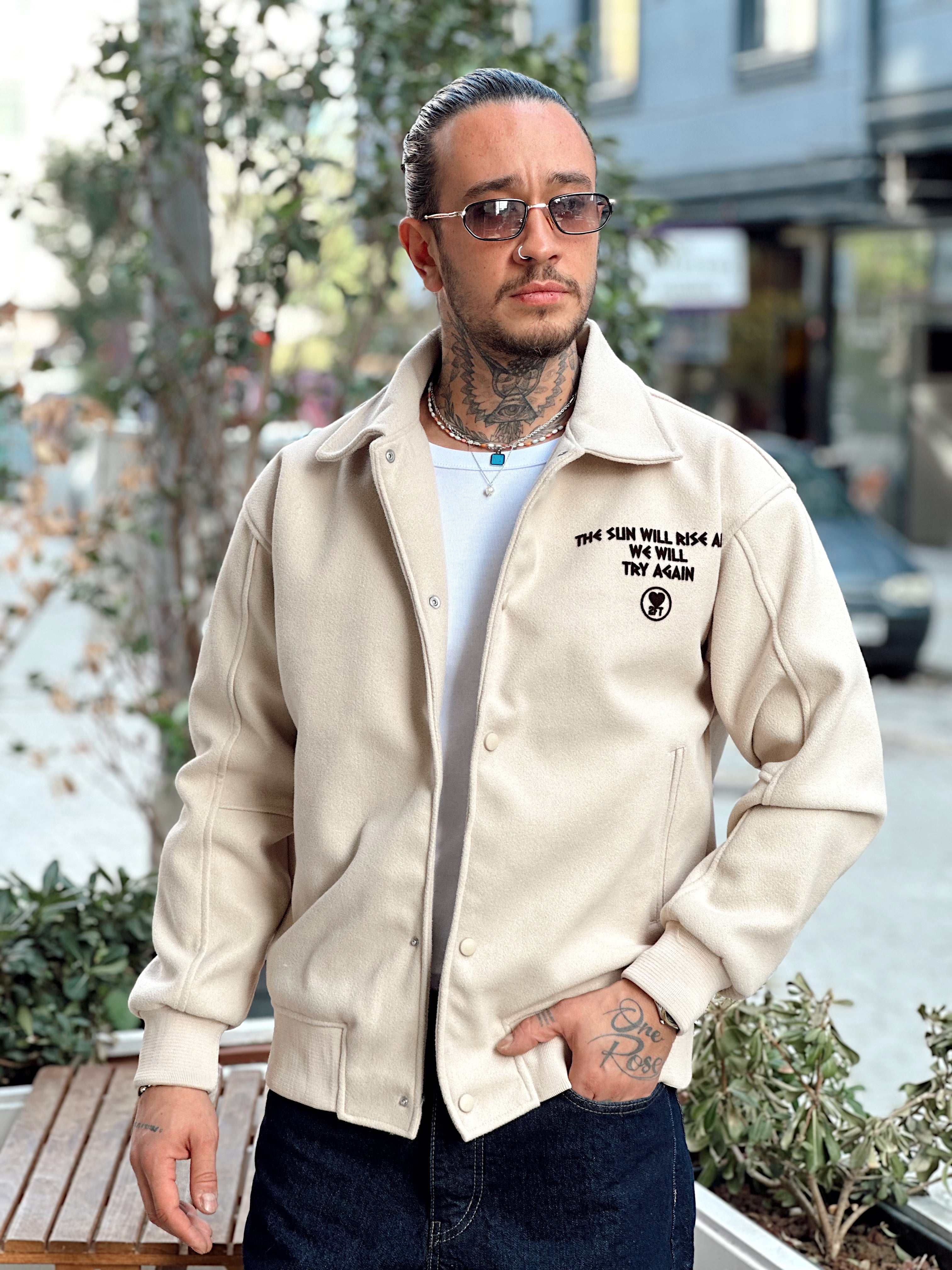 MC4088 - Flok Ön Arka Baskılı Kaşe Ceket krem