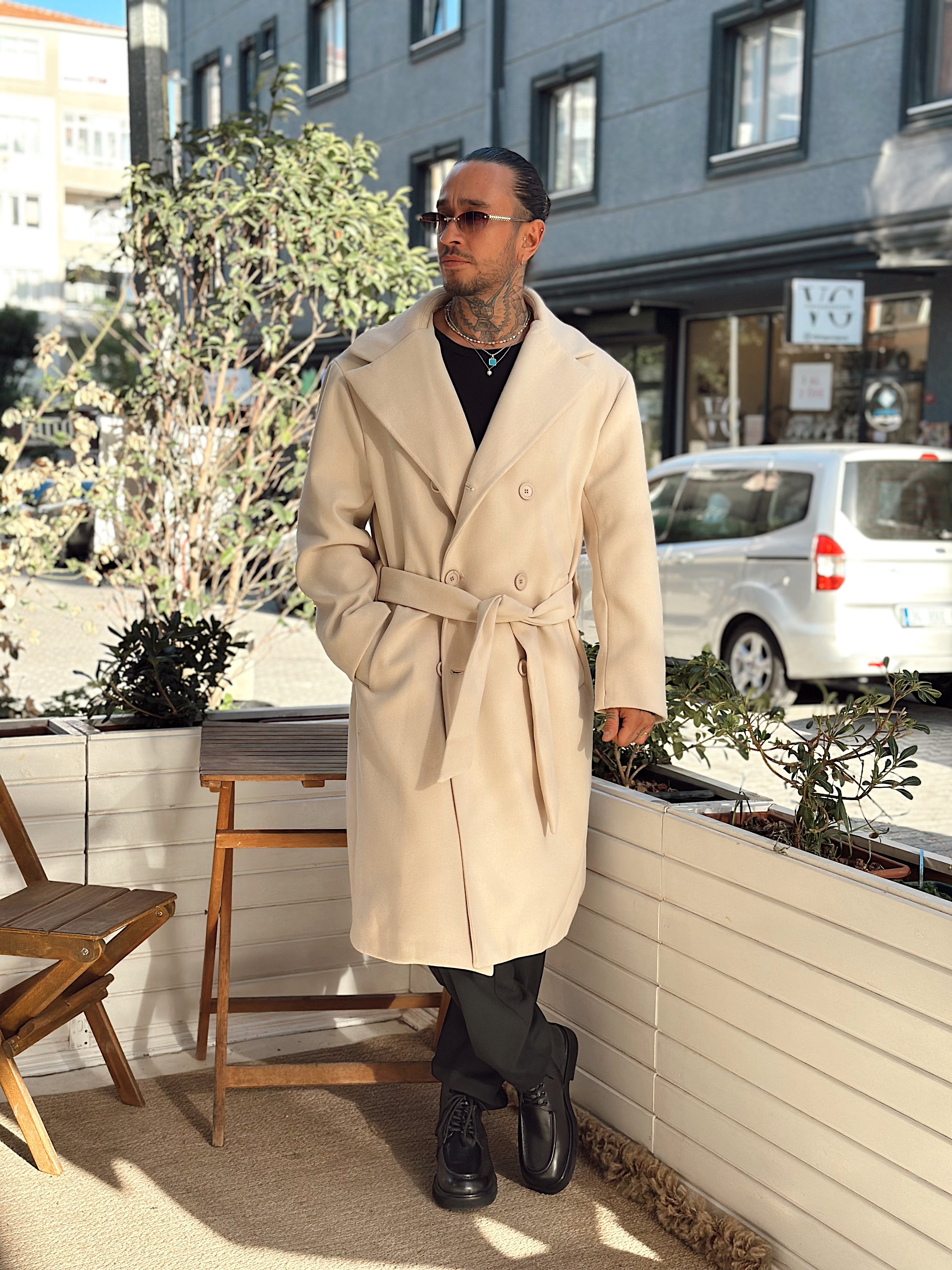 MM4044 - Giesto Oversize Kuşaklı Kaşe Kaban krem