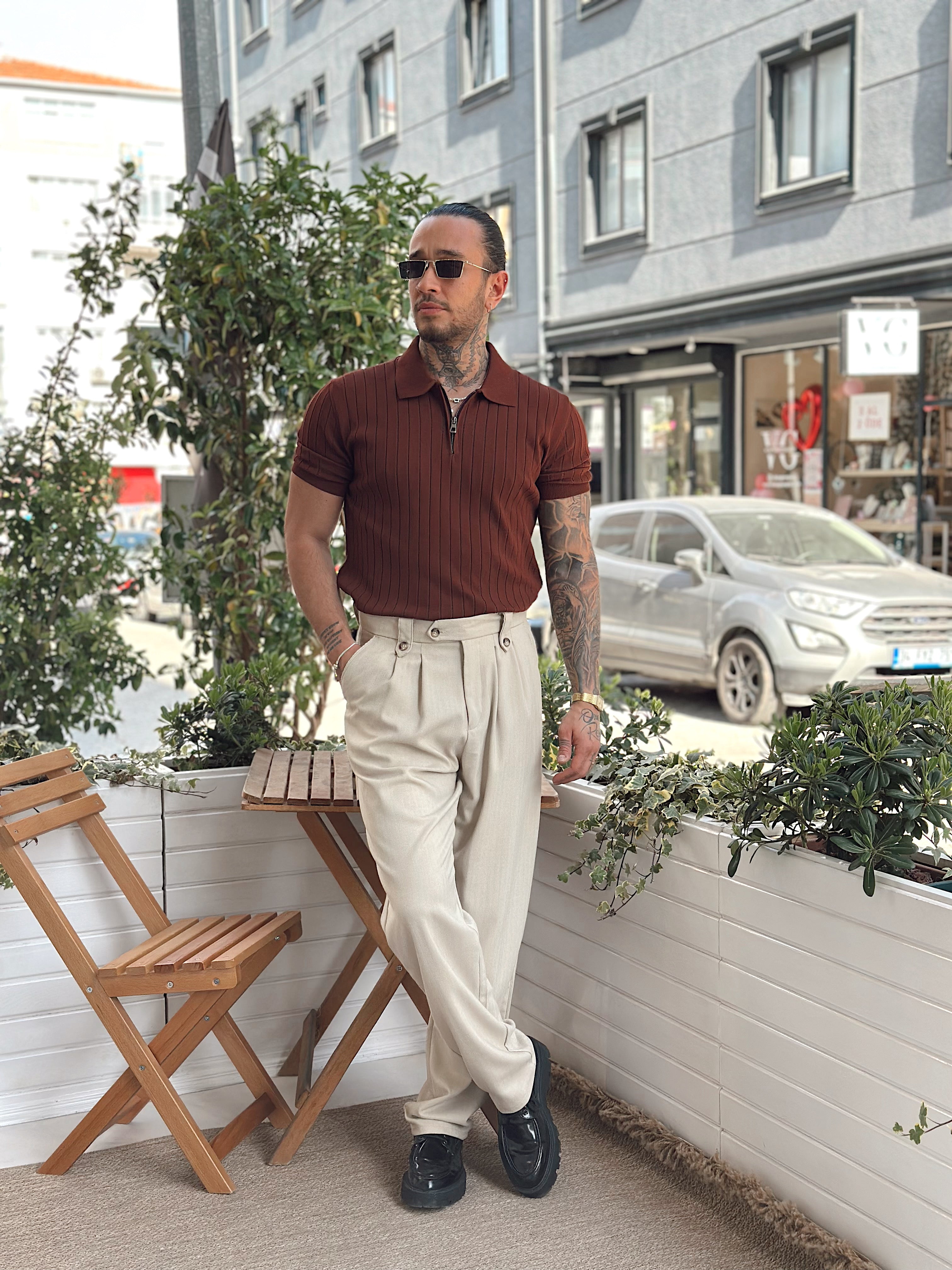 MT2823 - Yakası Fermuarlı Full Likralı Polo Yaka T-Shirt Kiremit