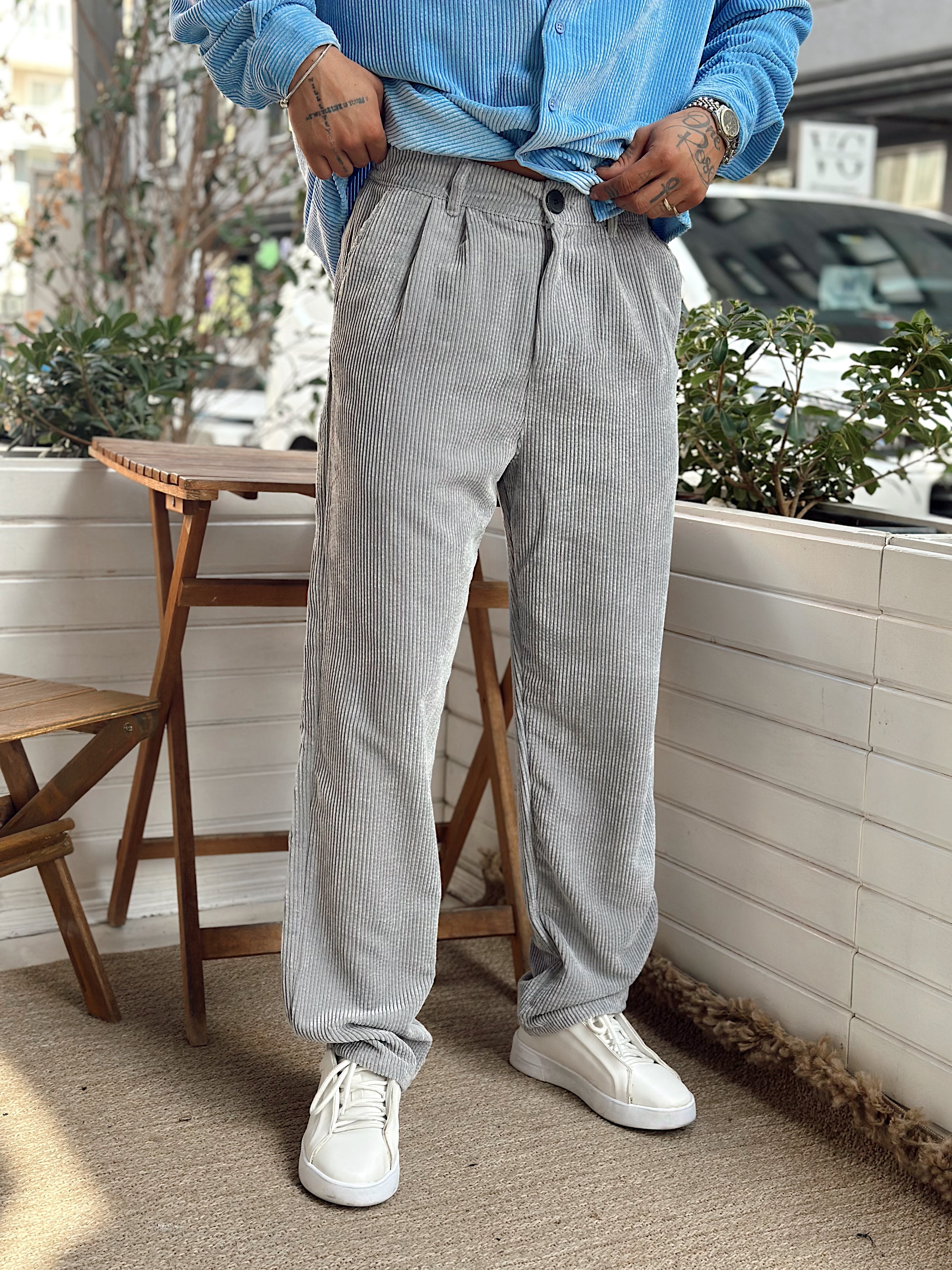 MP4032 - Pileli Baggy Kadife Pantolon gri