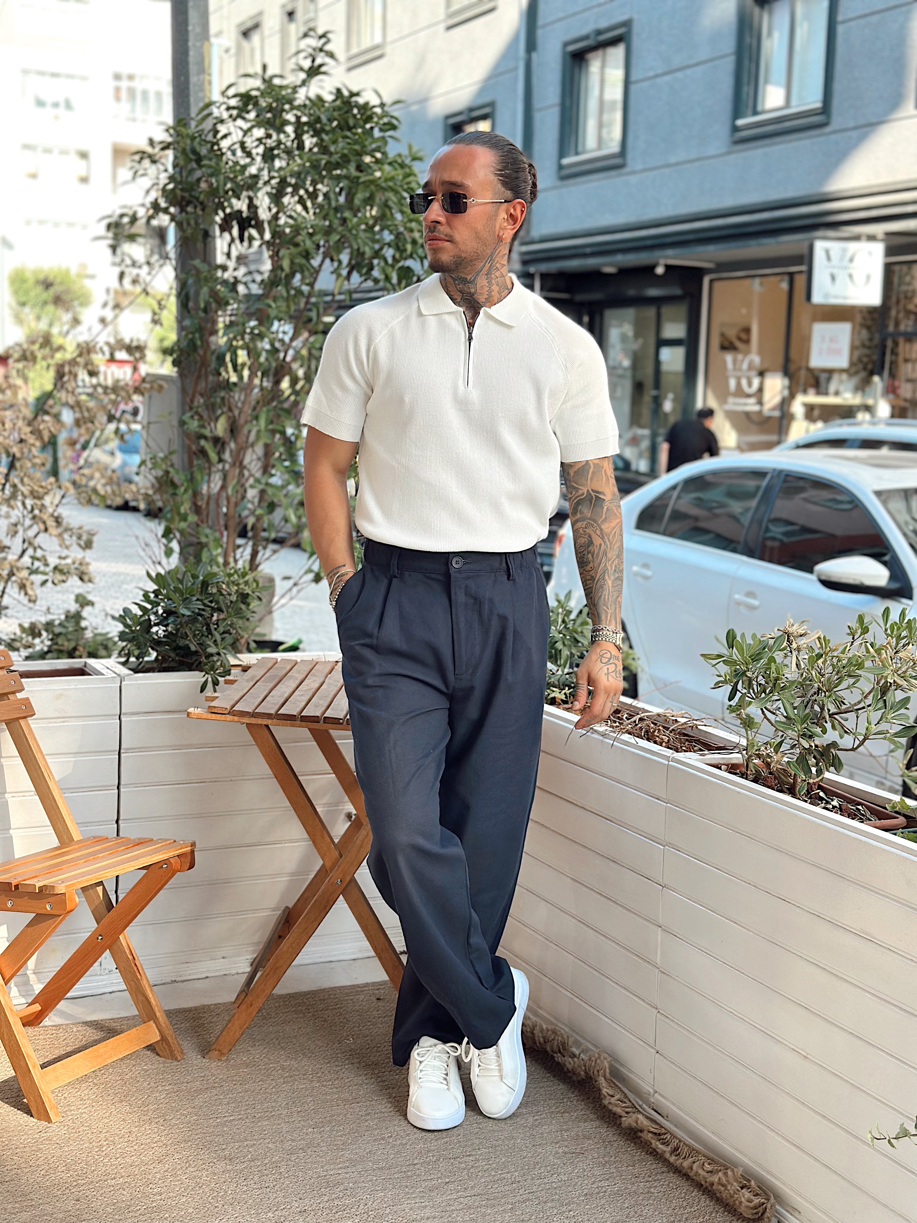 MT3032 - Yakası Fermuarlı Basic Triko Polo Yaka beyaz