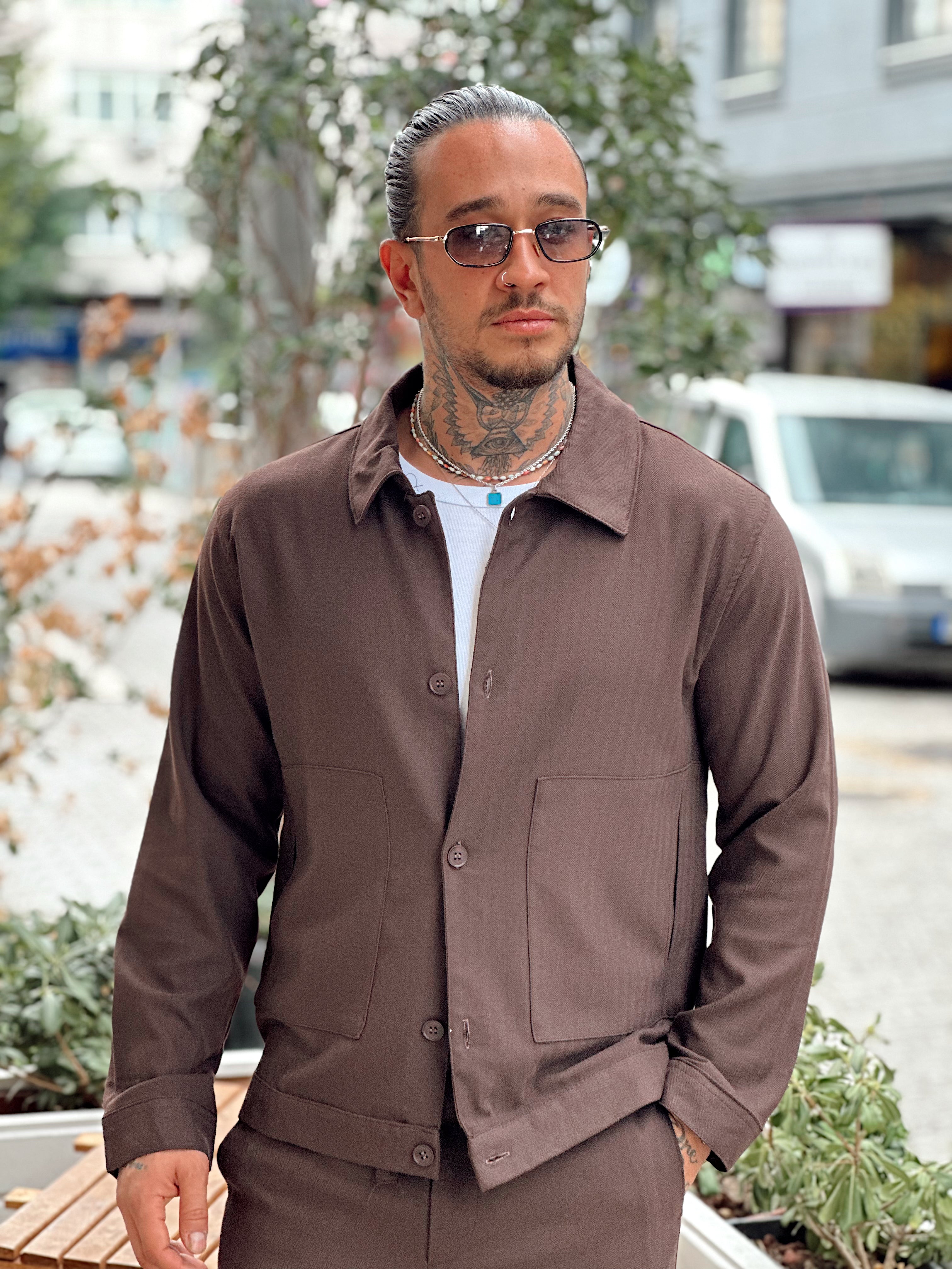 MT4071 - Kendinden Desenli Gömlek Pantolon Takım kahve