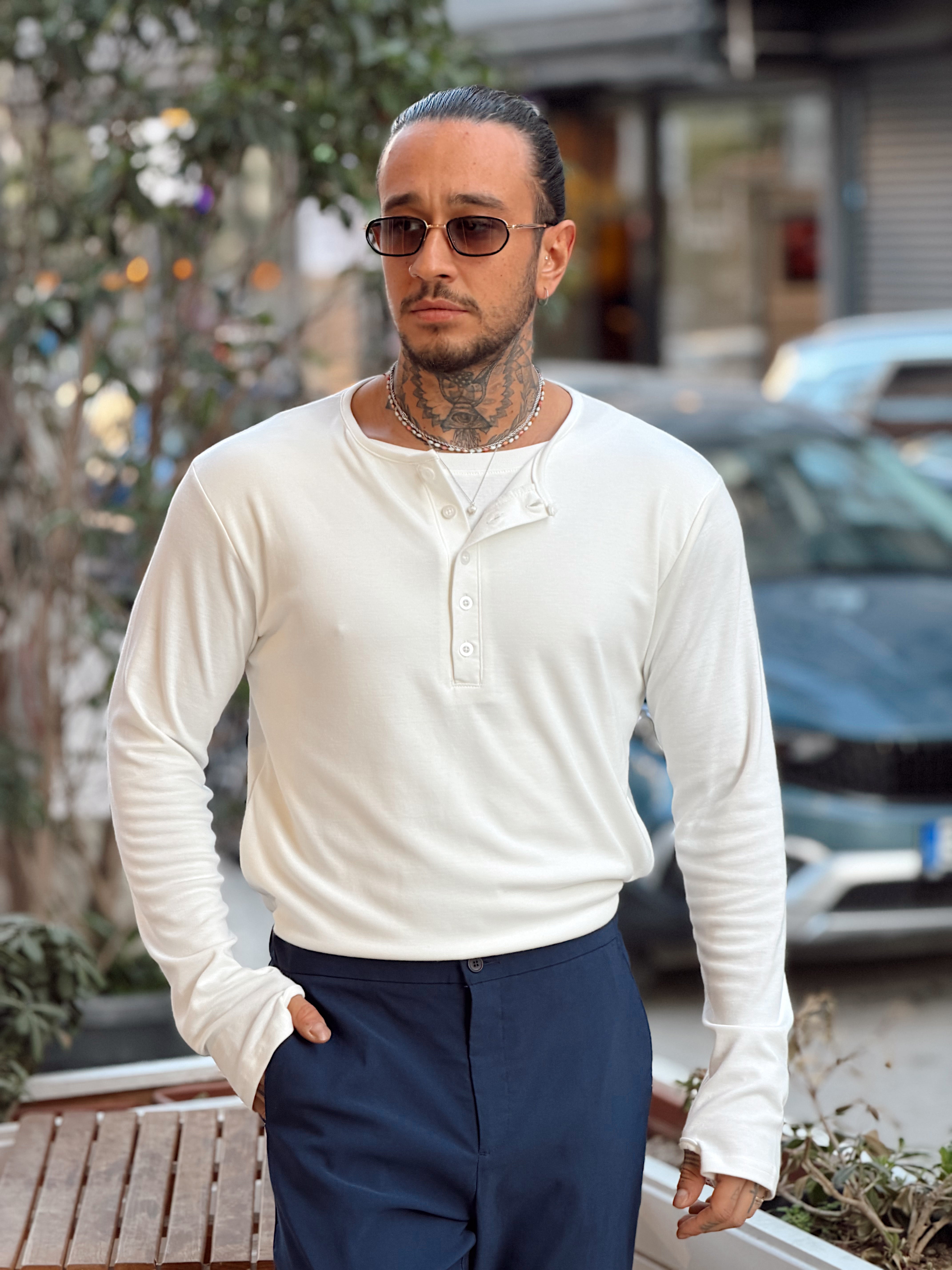 MS4134 - Çift Katmanlı Yakası Düğmeli Sweatshirt beyaz