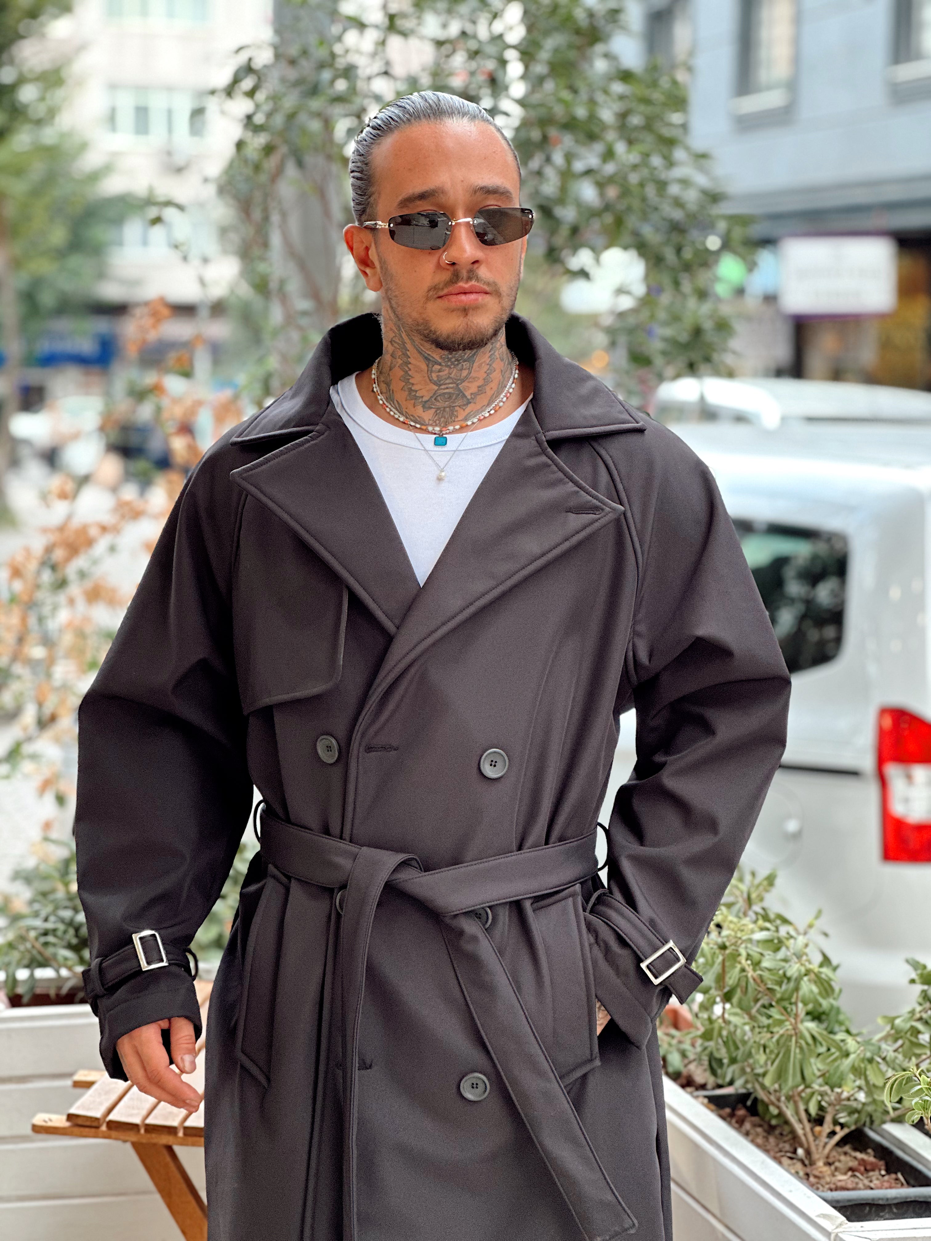 MM4068 - Giesto Oversize Kemerli Trench Coat siyah