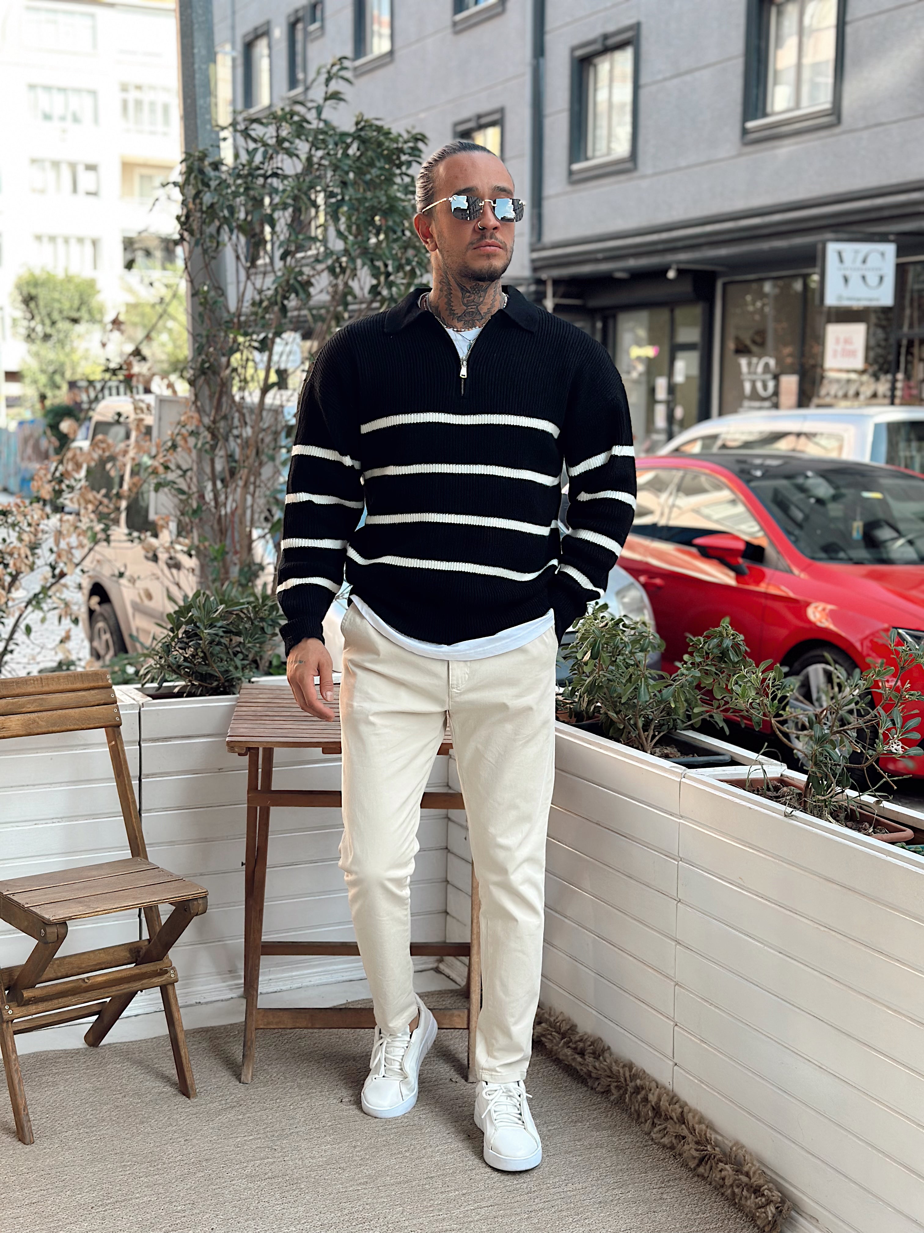 MS4052 - Çizgili Yakası Fermuarlı Polo Yaka Triko Siyah-Beyaz