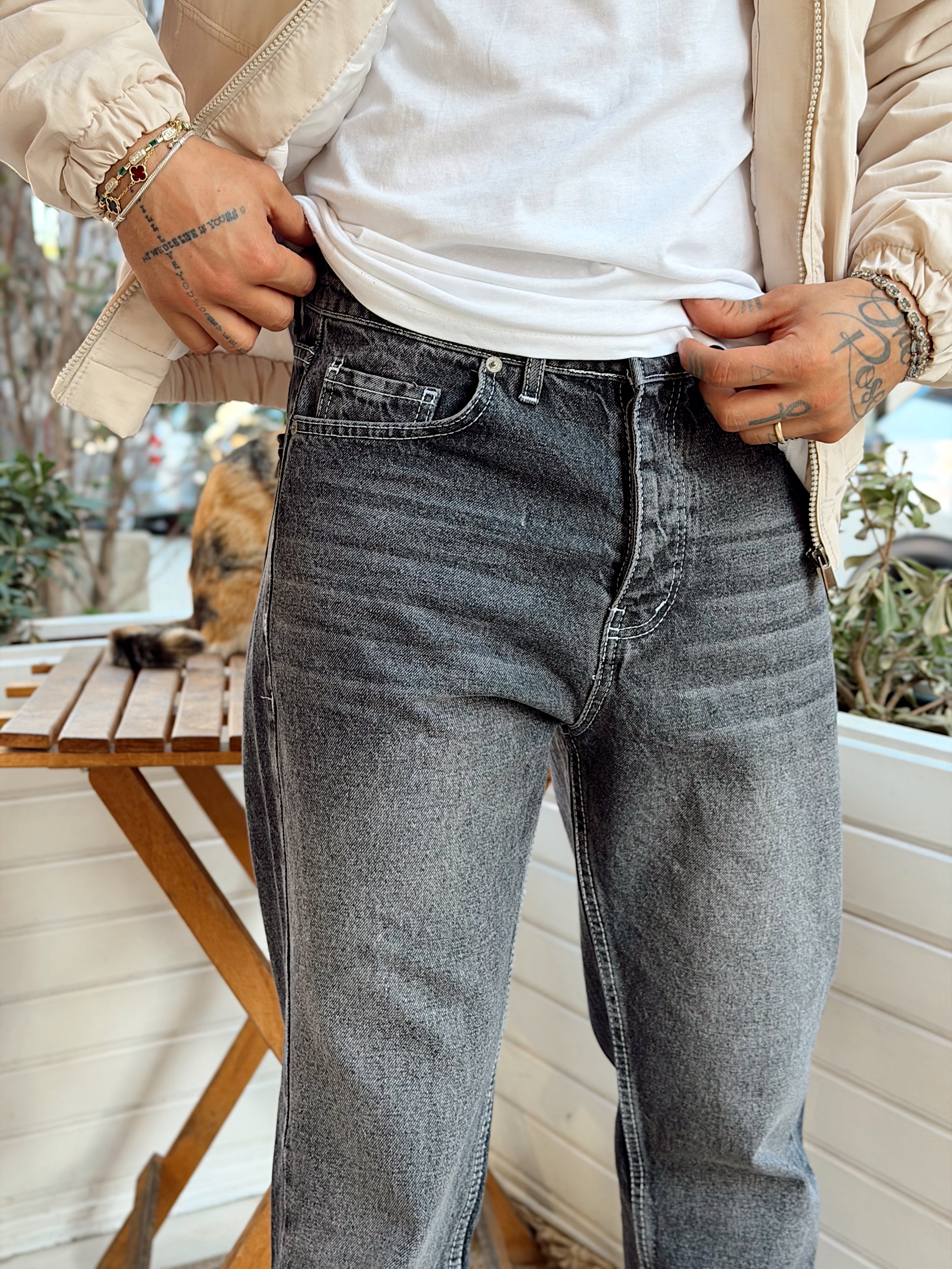 MP4105 - W11 Dikiş Detaylı Gri Yıkamalı Regular Kot Pantolon