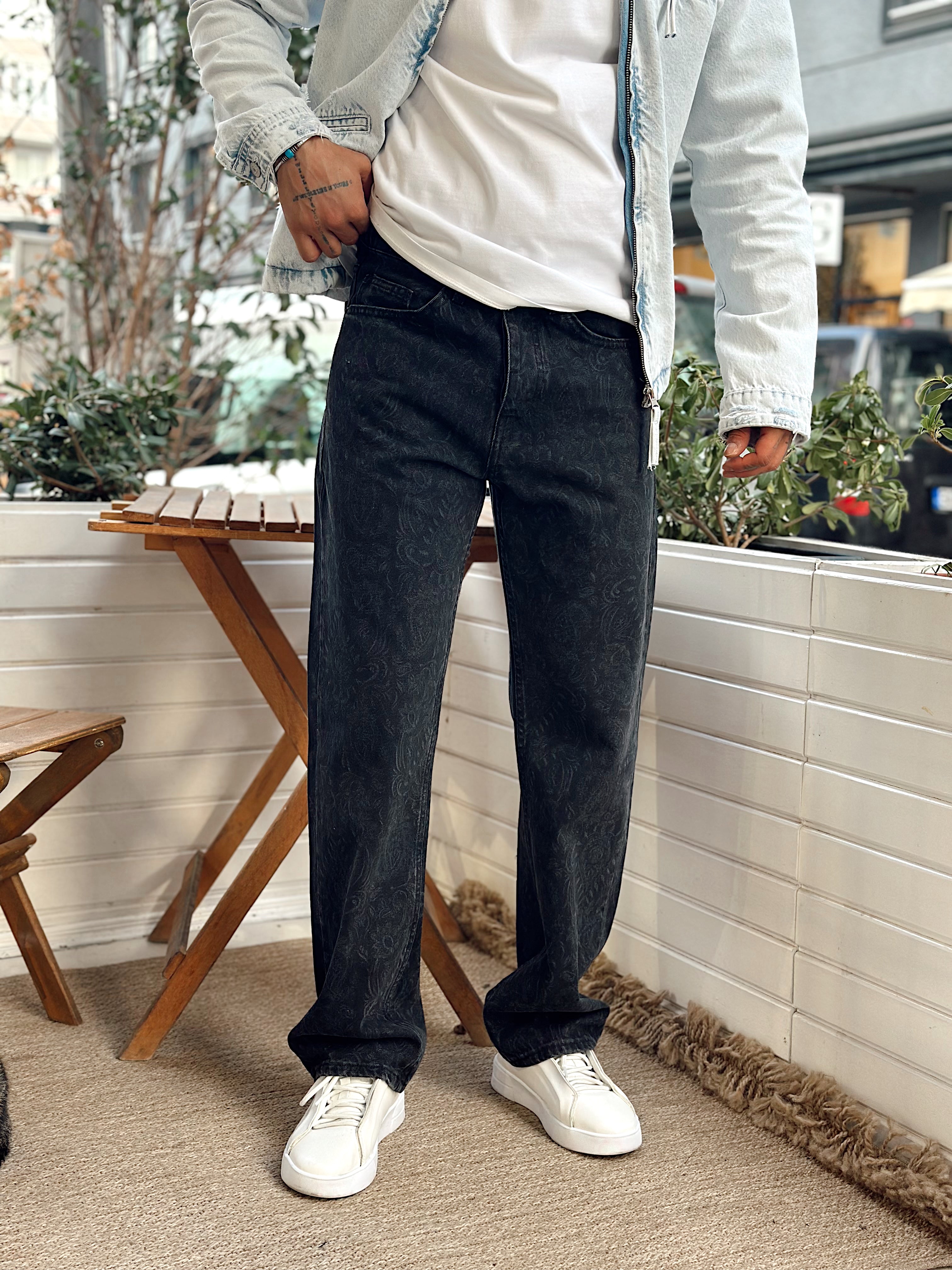 MP4067 - Hat Desenli Regular Kot Pantolon Siyah