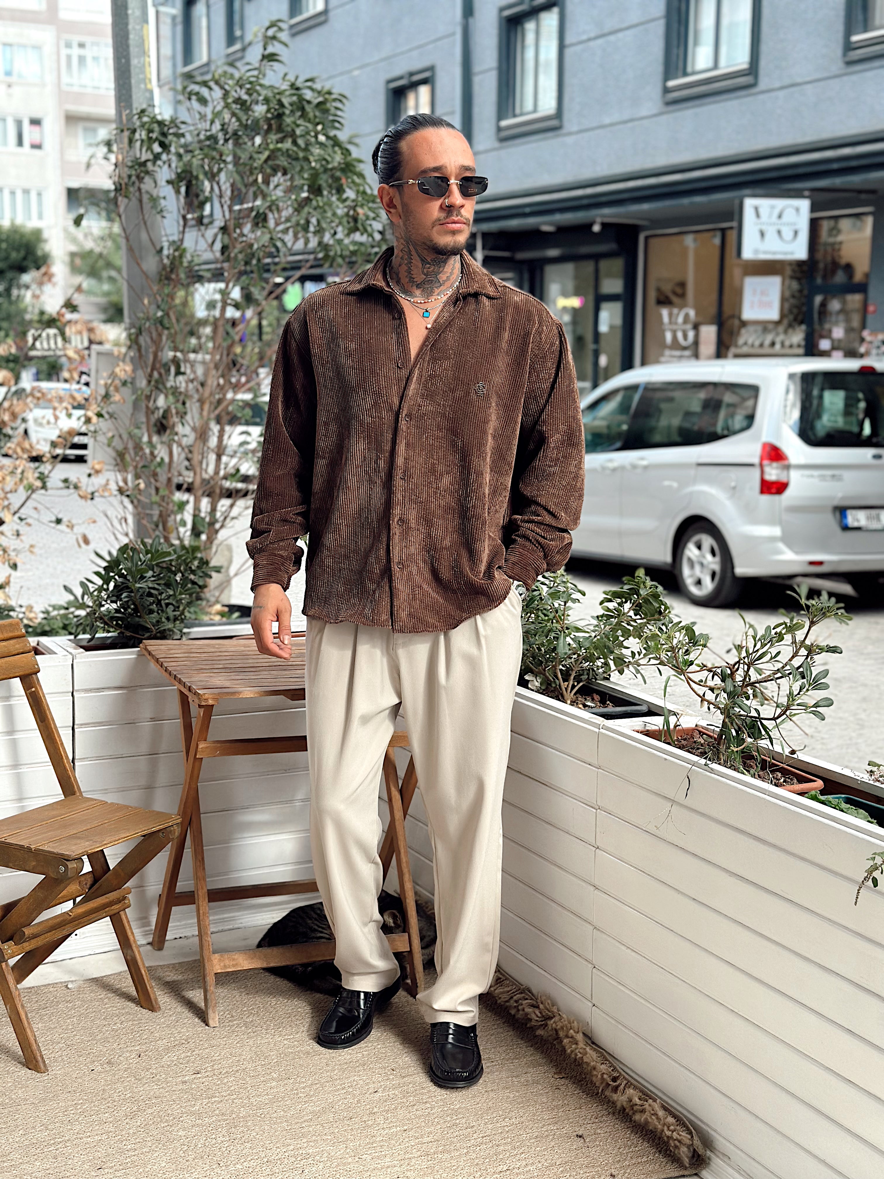 MG4003 - Oversize Basic Kadife Gömlek kahve