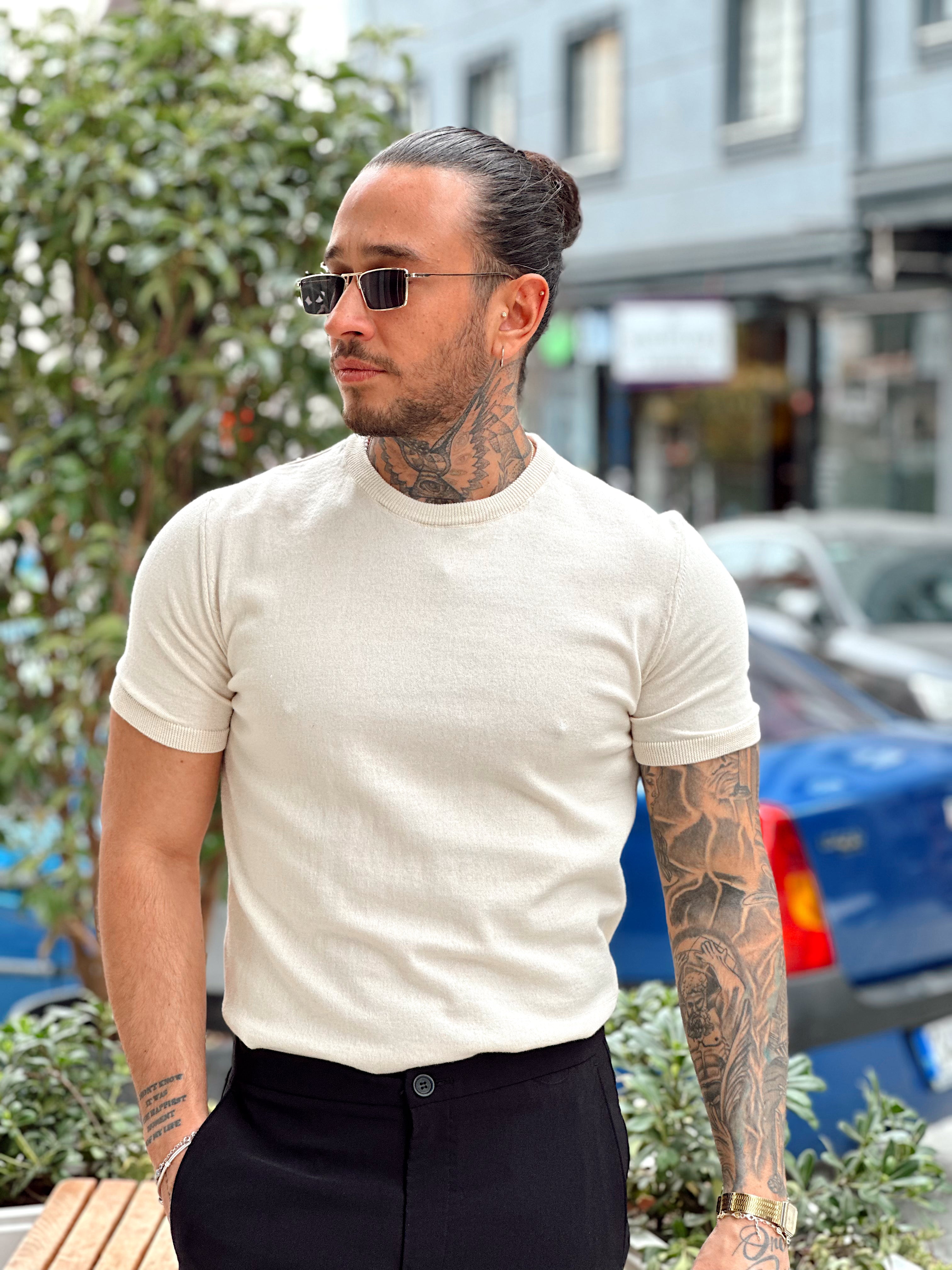 MT2571 - Basic Bisiklet Yaka Triko T-Shirt krem