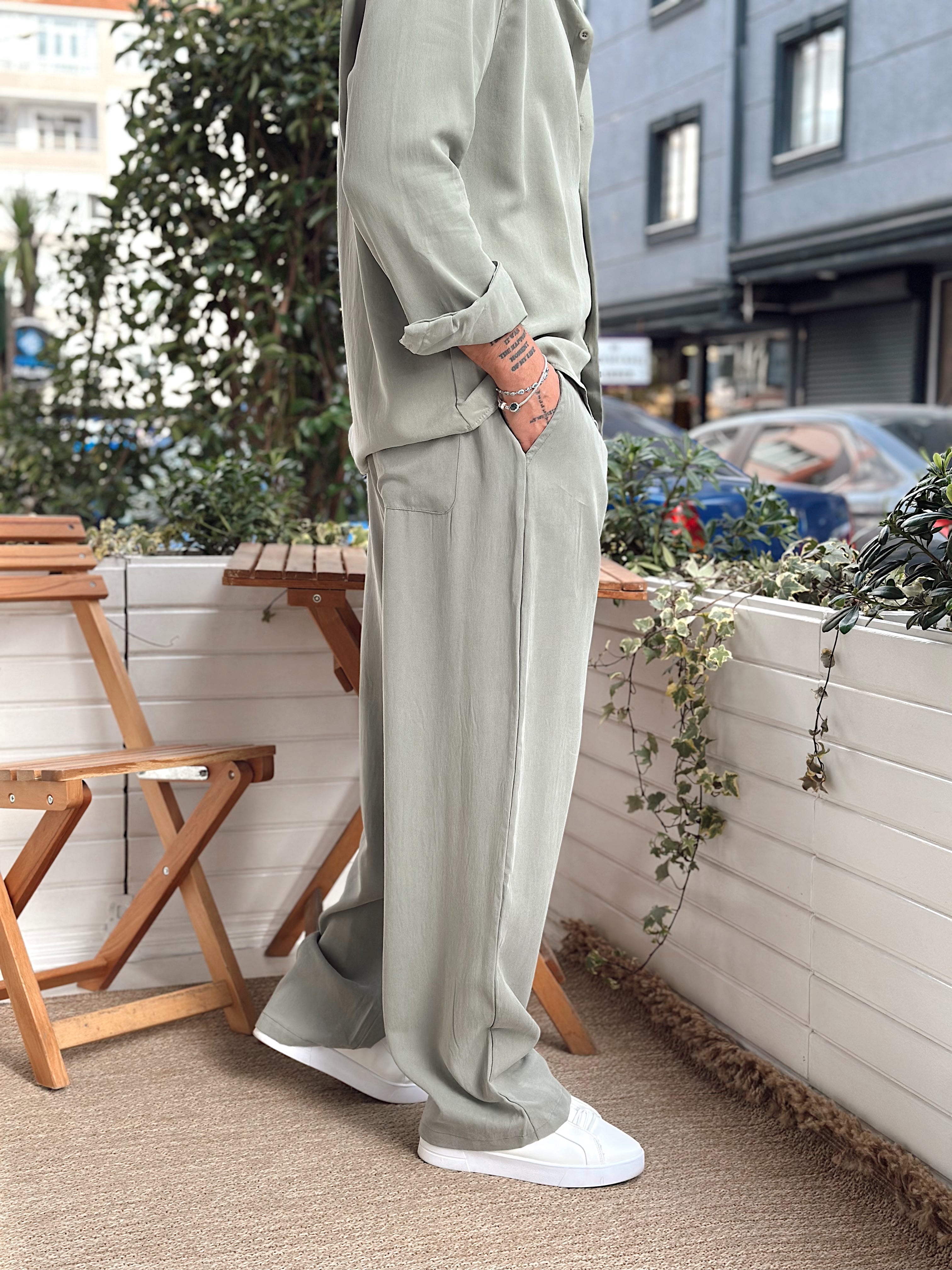 MT2657 - %100 Tensel Kumaş Gömlek Pantolon Takım mint yeşili